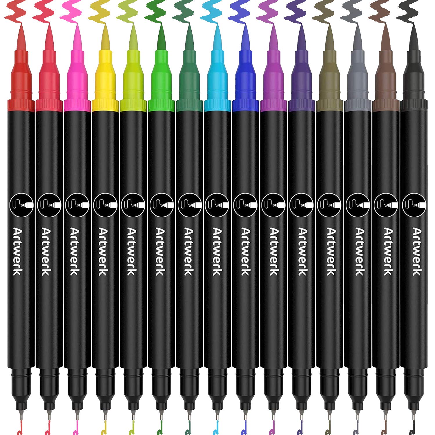 Artwerk 15 Pack Dual Tip Brush Calligraphy Pens - Fine Point 0.4mm & Blending Markers for Bullet Journaling, Hand Lettering, Adult Coloring Books | Pastel Colors | Perfect for Beginners & Artists | Art Supplies for Creative Projects & DIY Crafts