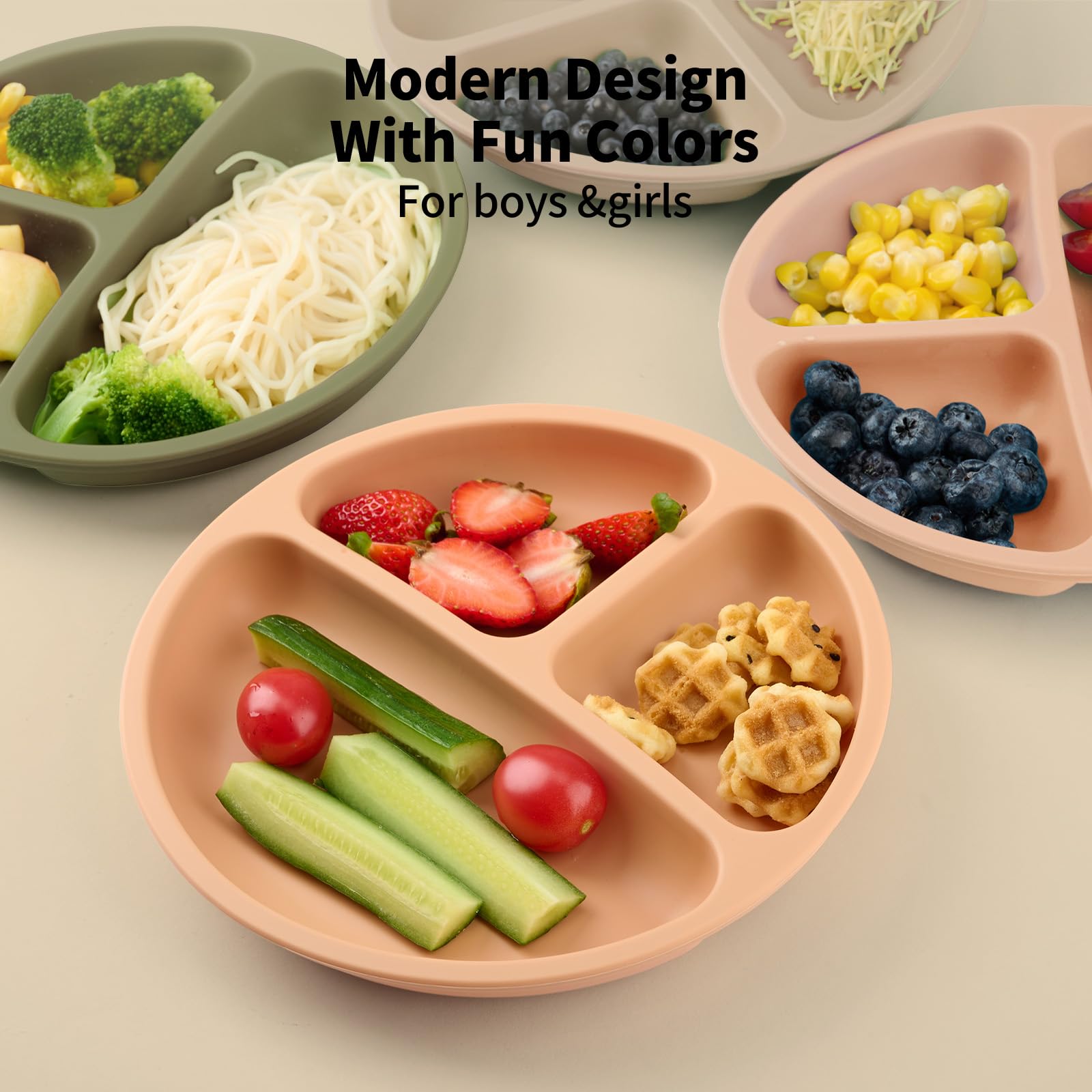 Non-Slip Silicone Suction Plates for Babies & Toddlers - 3 Pack Unbreakable Baby Plates with Strong Suction for High Chair Trays - Self Feeding Essentials (Nude, Pink, Green) - Perfect for Travel, Daycare & Mess-Free Meals
