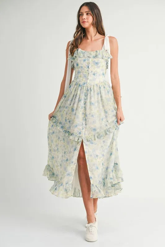 Floral Print Summer Midi Dress with Adjustable Shoulder Straps - Perfect for Beach Vacations, Garden Parties & Casual Outings