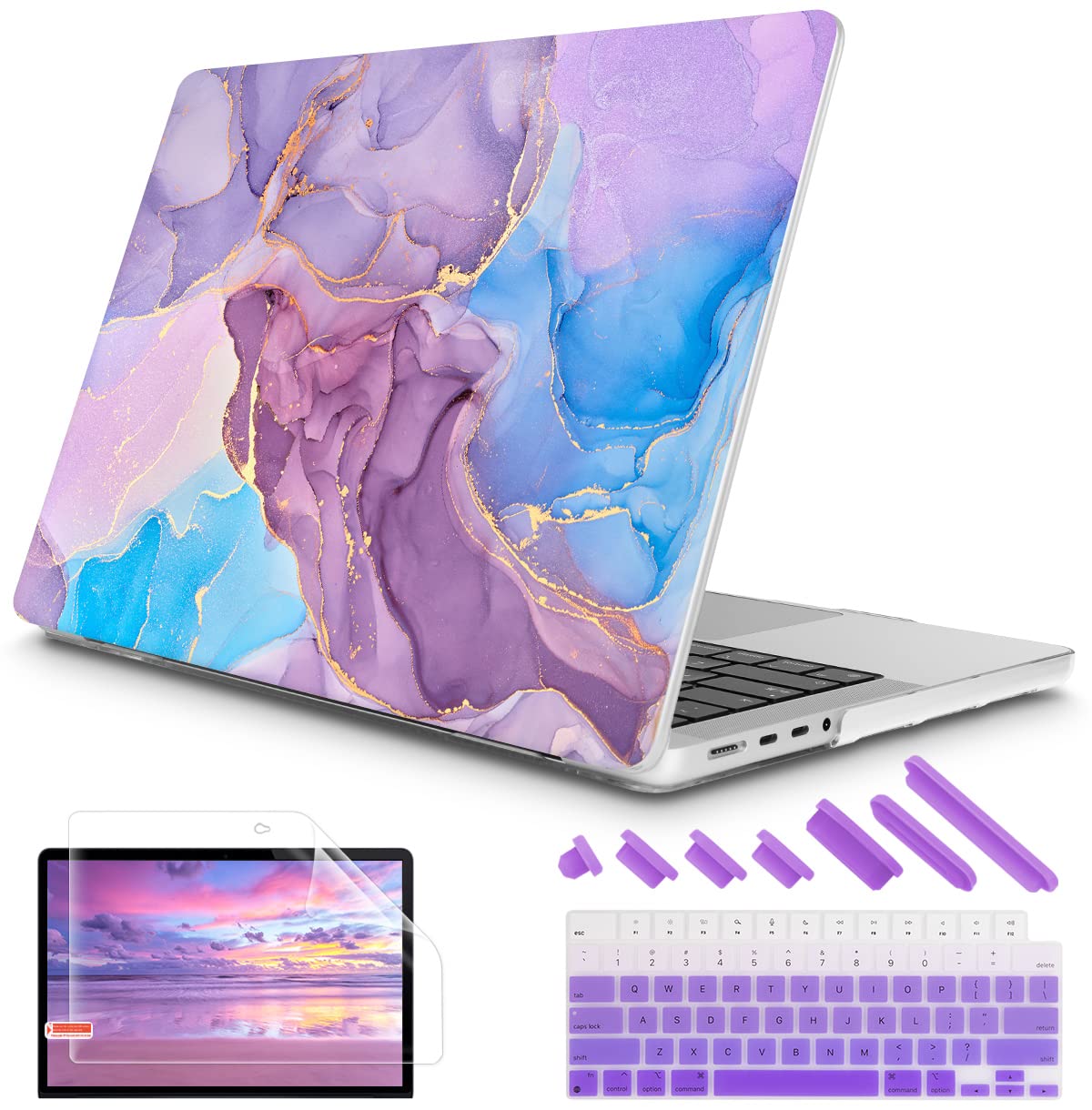 Premium Hard Shell Case for MacBook Pro 14 Inch (2021-2022, Model A2442) - M1 Pro/Max Chip Compatible Protective Cover with Keyboard Protector & Screen Protector | Touch ID Access | Stylish Purple Swirl Design | Perfect for Office, Travel & Student Use