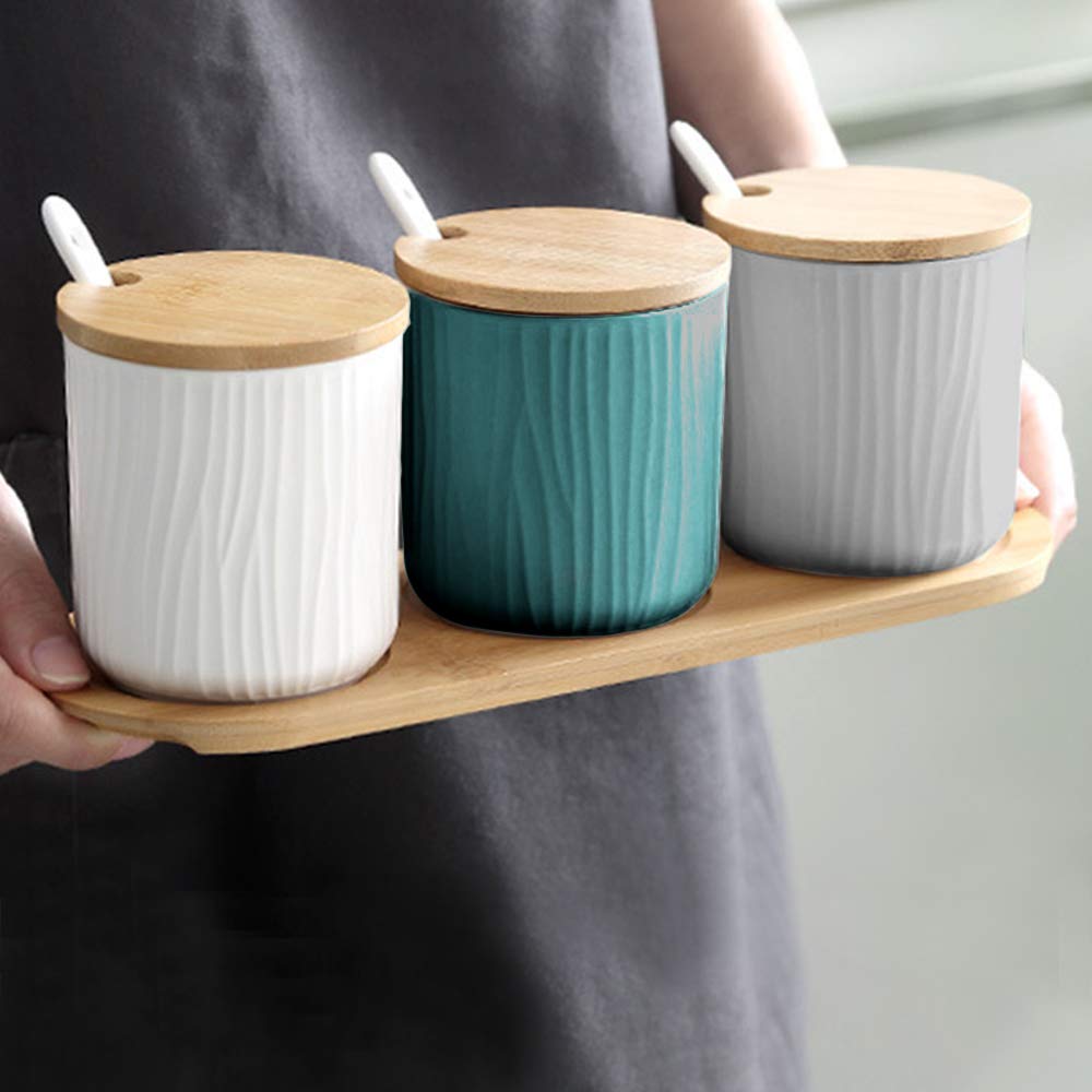 Premium Ceramic Spice Jars with Wooden Lids & Spoons - 10oz Spice Storage Containers Set of 3 for Kitchen Organization - Perfect for Storing Spices, Herbs, Coffee, Tea, Sugar & Seasonings - Ideal for Home Cooking, Baking & Coffee Bars
