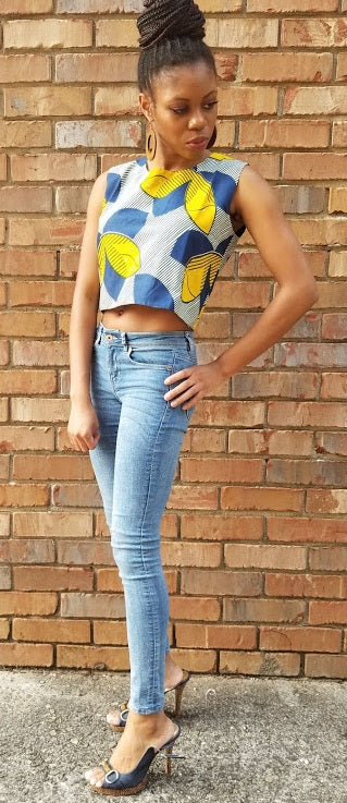 Stylish Blue and Yellow African Print Crop Top DP3209CTP - Perfect for Summer Outfits, Beach Vacations & Festival Fashion