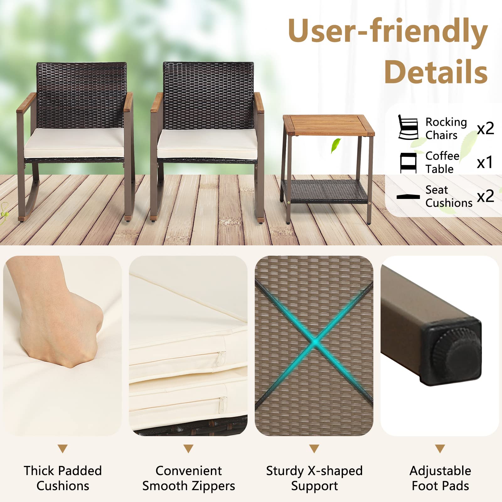Tangkula 3-Piece Outdoor Rocking Bistro Set with Coffee Table & Cushions - Patio Rattan Furniture for Balcony, Porch, Poolside - Perfect for Relaxing, Entertaining & Outdoor Dining (Off White)