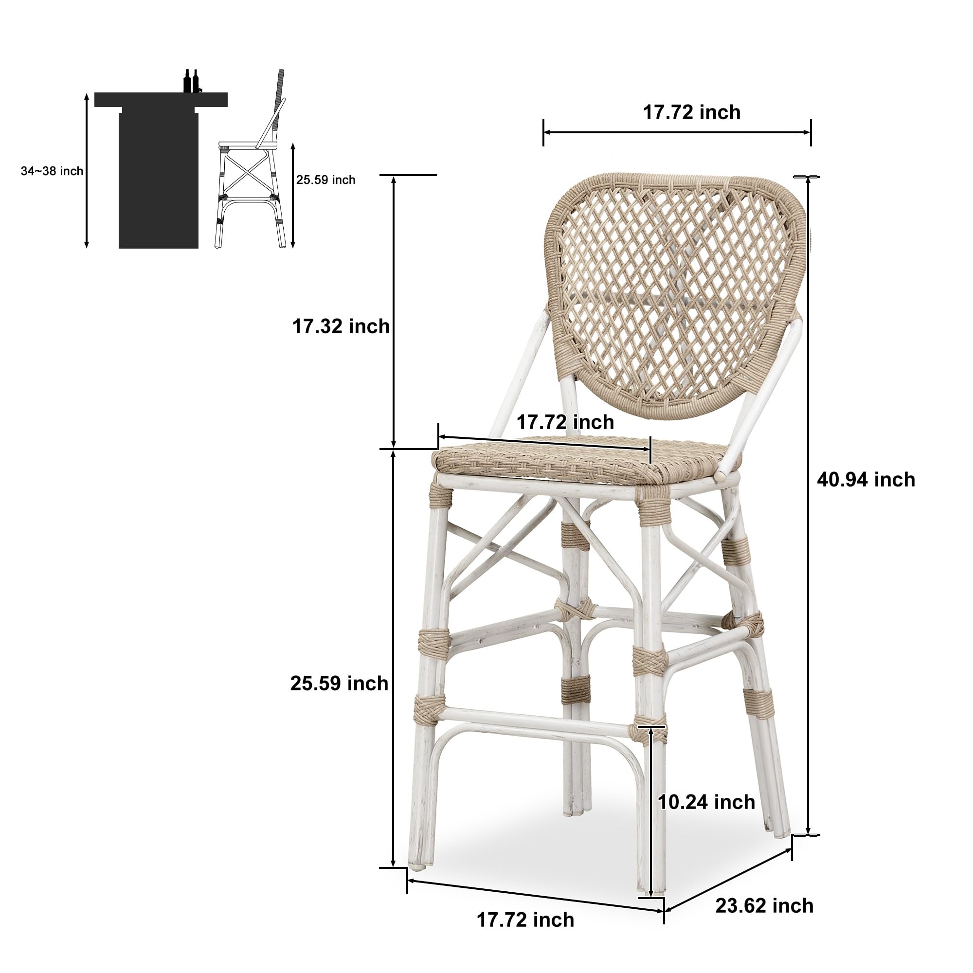 PURPLE LEAF French Counter Height Bar Stools Set of 4 - Rattan Aluminum Patio Barstools with Bamboo Pattern Finish & Back Support for Outdoor Kitchen Island, Poolside, Garden Bar - Light Beige | Perfect for Backyard Entertaining, Outdoor Dining & Lounge Areas