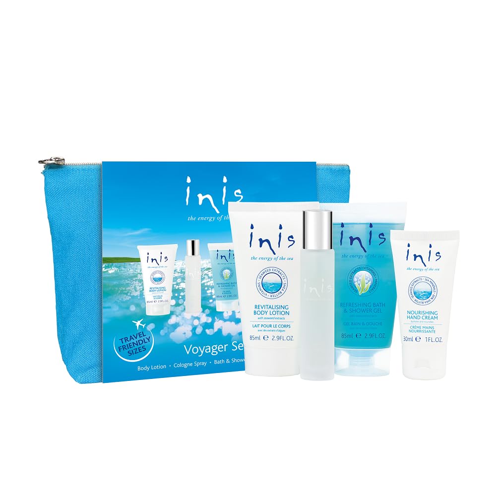 Inis the Energy of the Sea Voyager Gift Set - Hydrating Body Lotion, Refreshing Shower Gel, Cologne & Hand Cream - Unisex Travel Size Toiletries with Cosmetic Bag - Perfect for Spa Days, Gifts & Vacation Essentials