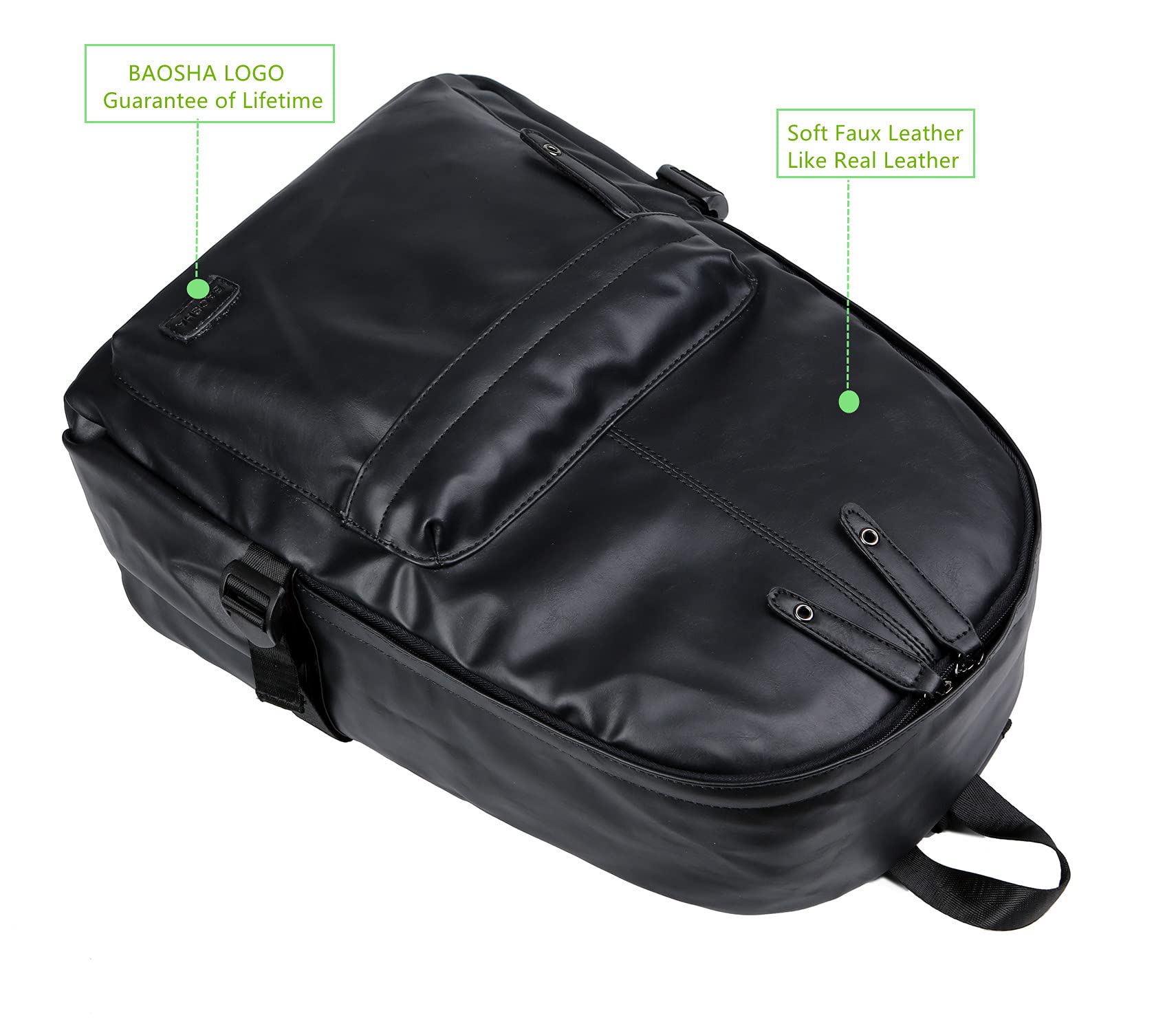 Baosha BP-08 15.6 Inch Unisex PU Leather Laptop Backpack - Waterproof Travel Hiking Rucksack, Business Casual Daypack for Work, School & Outdoor Activities (Black)