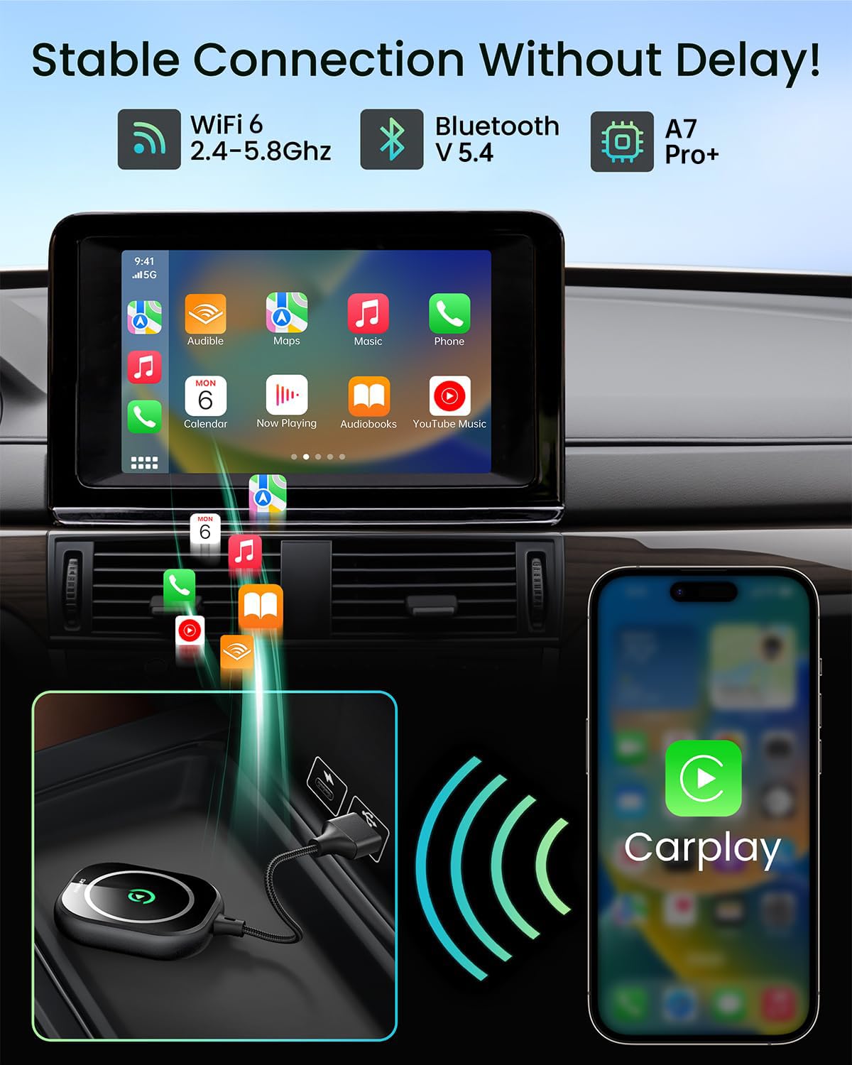 Wireless CarPlay Adapter for iPhone - Convert Wired to Wireless CarPlay Dongle (2015+ Cars, iOS 10+) - Plug & Play Bluetooth CarPlay Receiver for Seamless iPhone Connectivity - Perfect for Commuting, Road Trips & Hands-Free Driving