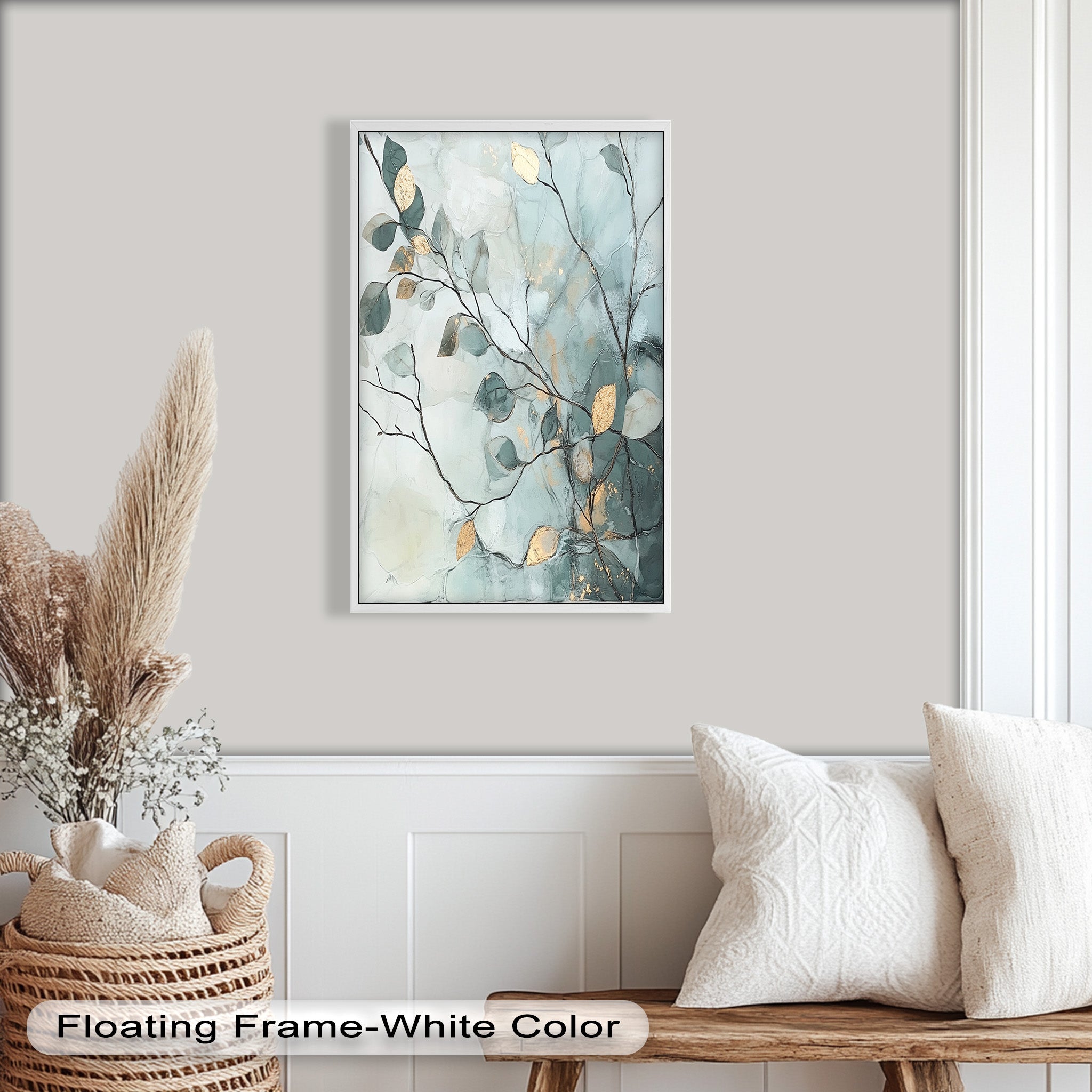 Blue and Metallic Leaf Branch Abstract Oil Painting - Handmade Canvas Wall Art for Living Room, Bedroom & Office Decor