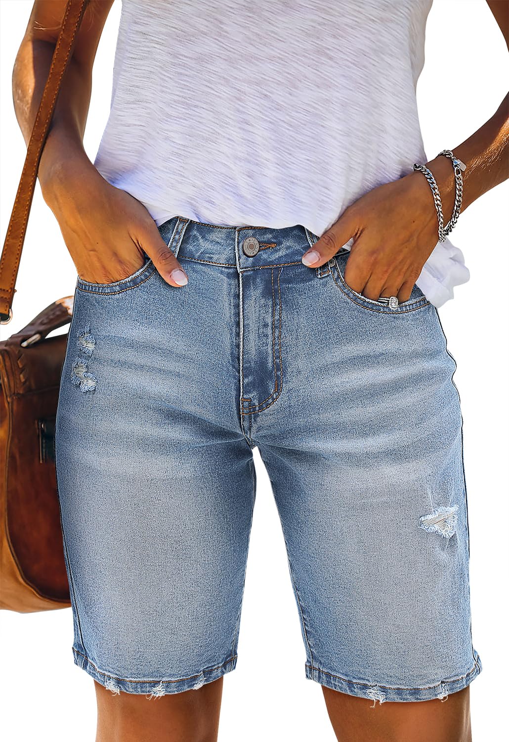 CHICZONE Women's Bermuda Jean Shorts - Stretchy Mid Waist Denim Shorts with Pockets for Summer, Beach, and Casual Outings