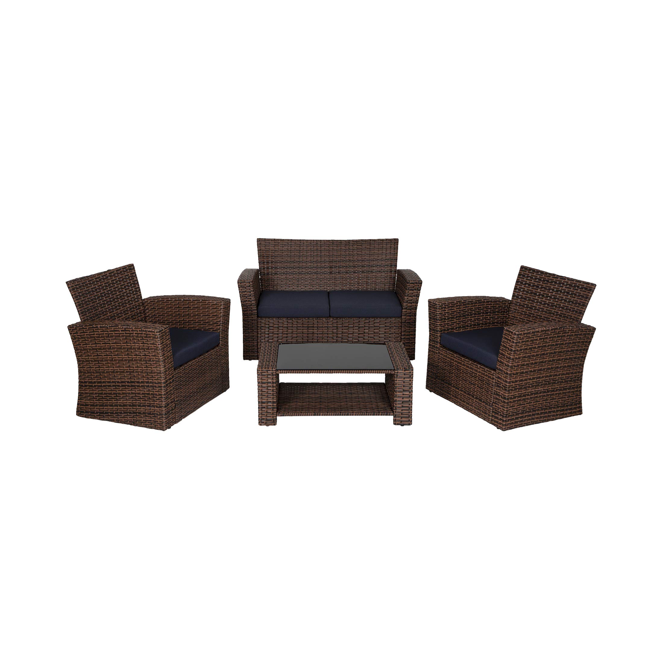 WO Home Furniture 4-Piece Patio Conversation Set - Brown Rattan Wicker Sofa, Chairs & Coffee Table with Navy Blue Pillow Cushions - Outdoor Garden, Backyard, Poolside Lounge Furniture Set for Relaxing & Entertaining