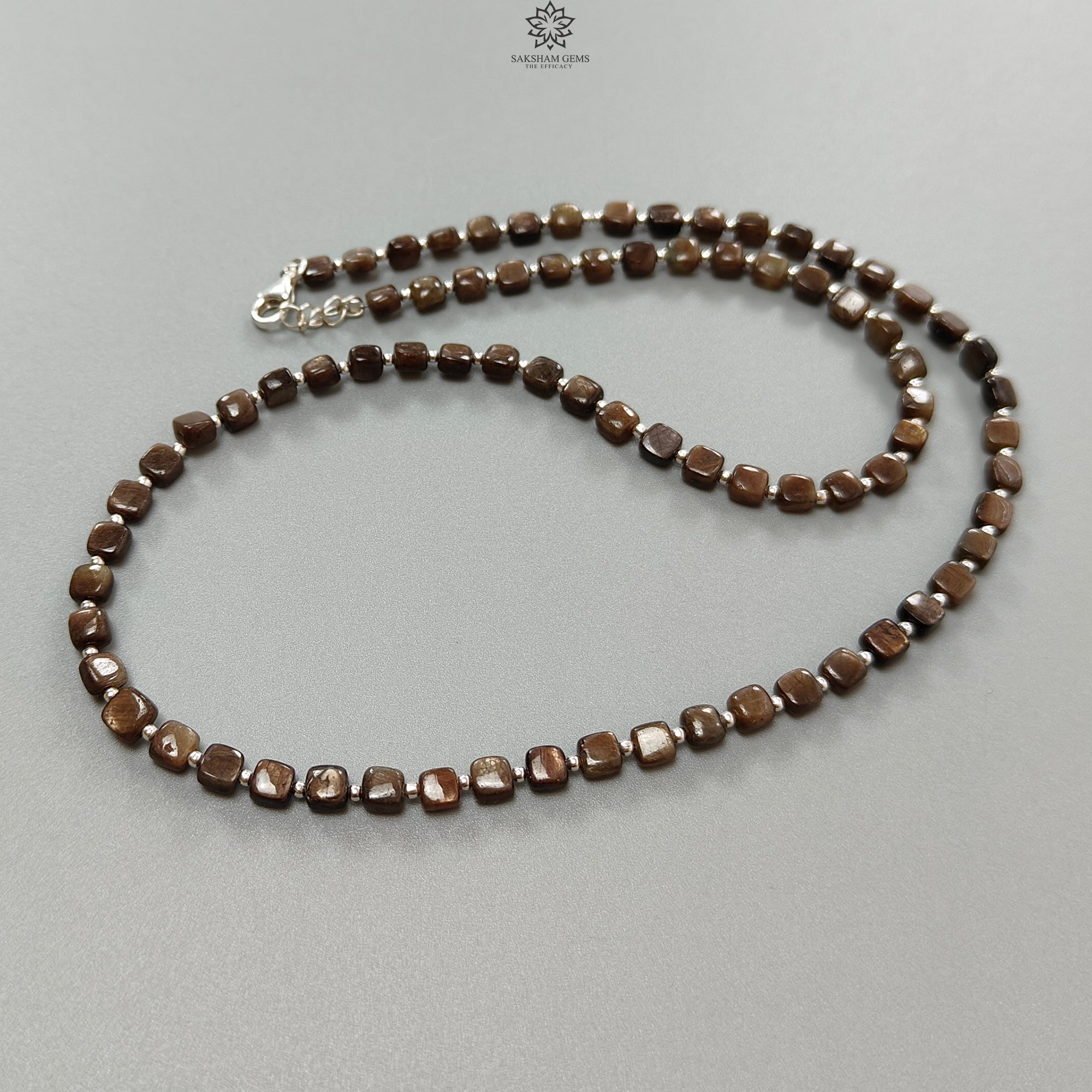 Natural Golden Brown Chocolate Sapphire Gemstone Beads Necklace - 15.75gms Cushion Cut 925 Sterling Silver Jewelry (4mm, 19
