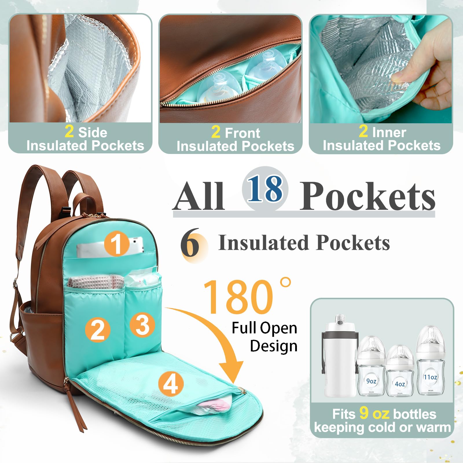 MOMINSIDE Large Diaper Backpack for Moms - 18 Pockets with 6 Insulated Compartments, Leather Baby Bag with Changing Pad & Stroller Straps - Perfect for Baby Registry, Travel & Daily Use (Brown)