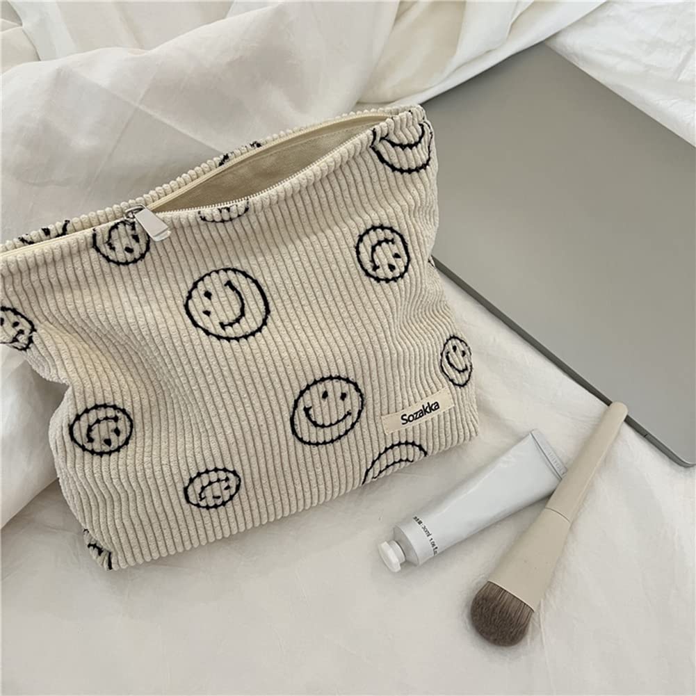 Corduroy Makeup Bag with Zipper - Cute Smile Print Cosmetic Pouch for Women & Girls | Travel Organizer, Sanitary Storage, Gift Idea