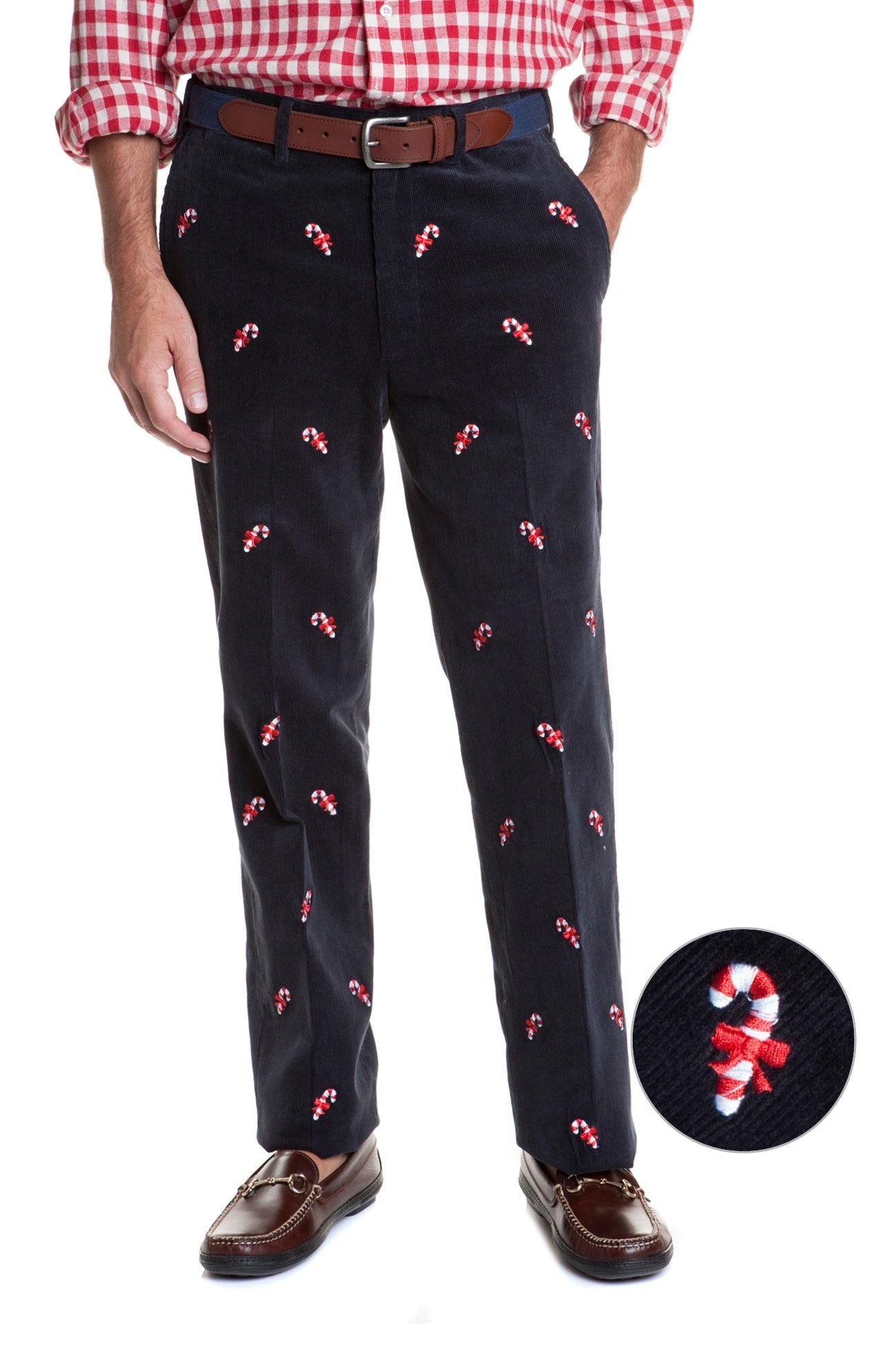 Beachcomber Corduroy Pants for Women - Nantucket Navy with Candy Cane Stripes | Comfortable Casual Trousers for Beach Outings & Winter Holidays