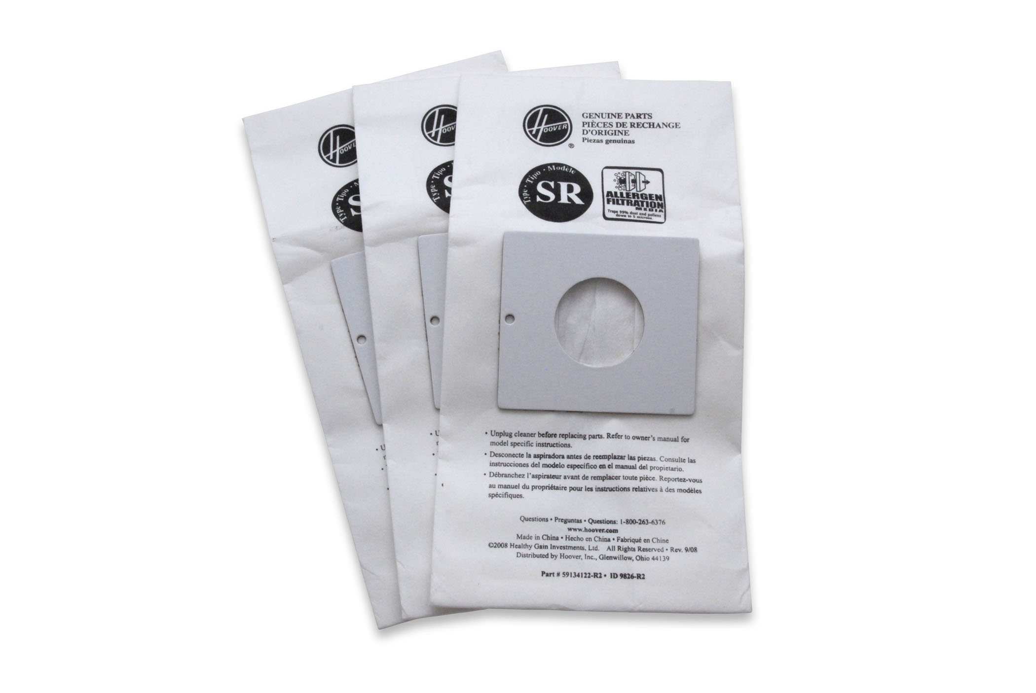 Hoover Vacuum Cleaner Bags for Duros Canister Vacuums - 3 Pack, White, Type SR Allergen Filtration (Part #401011SR) - Dust & Allergen Reduction for Pet Hair, Dust Mites & Pollen - Ideal for Homes with Allergies & Pets