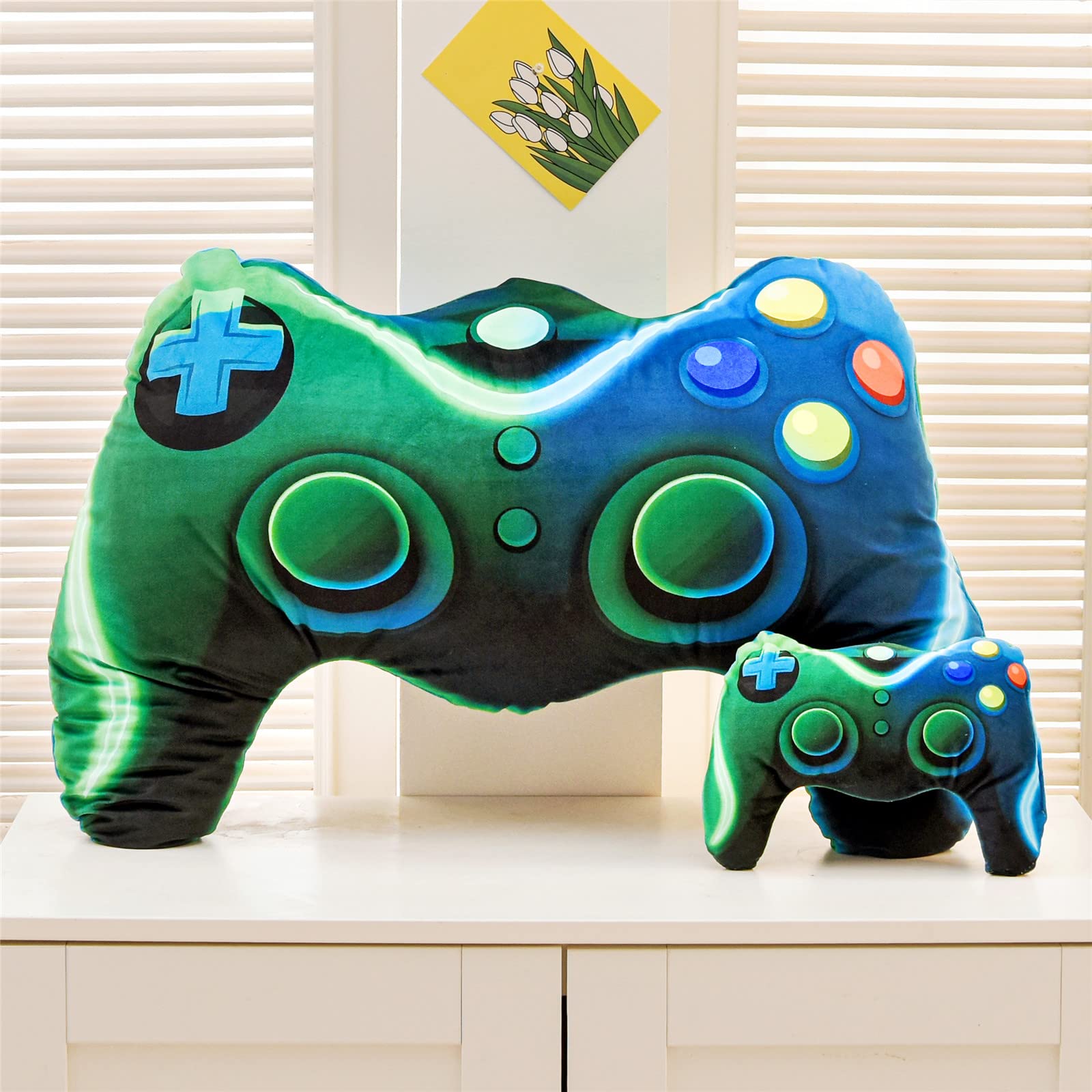 Gaming Plush Throw Pillow - Controller Shaped Cushion for Boys & Girls | Gamer Room Decor, Sofa, Bed, Computer Chair Accessory | Perfect Gift for Teen Gamers (Blue Green, Large) - Ideal for Gaming Rooms, Sleepovers & Esports Themed Parties