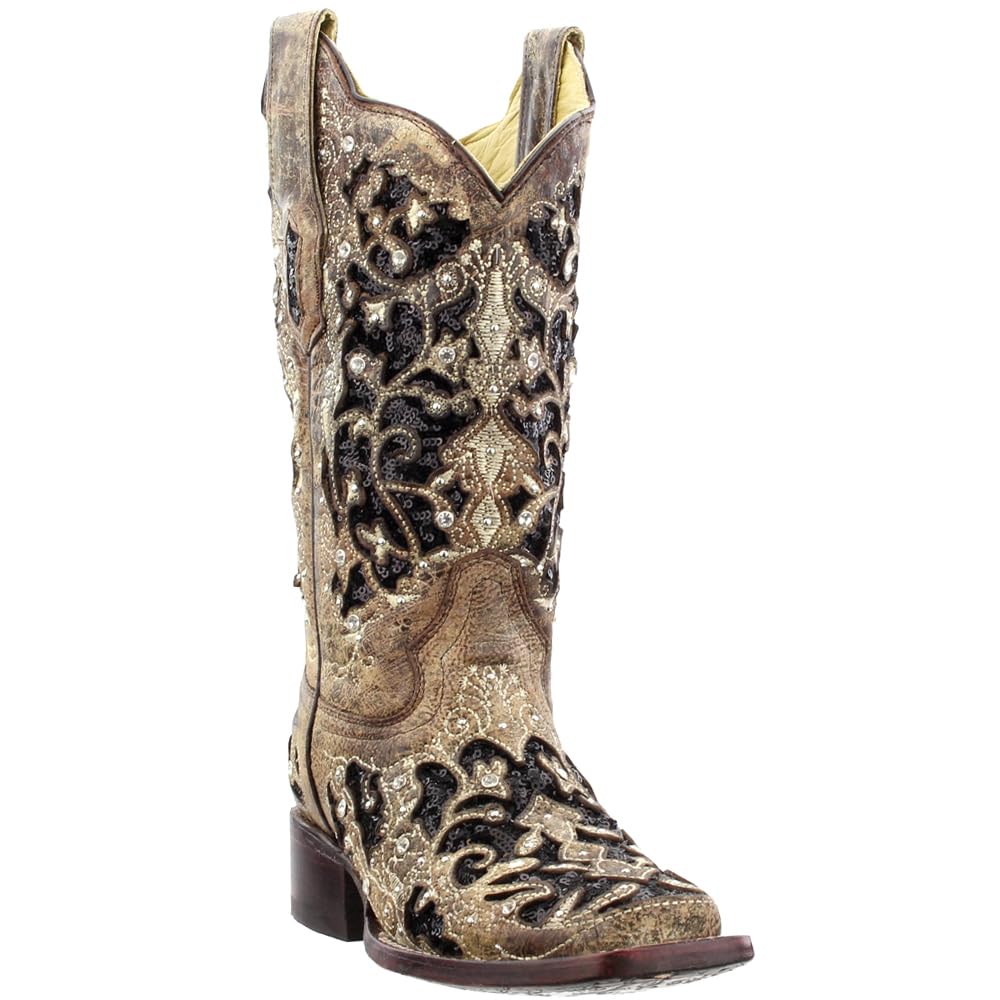 Women's Corral Boots - Sequined Tooled-Inlay Square Toe Dress Boots, Mid Calf with 1-2