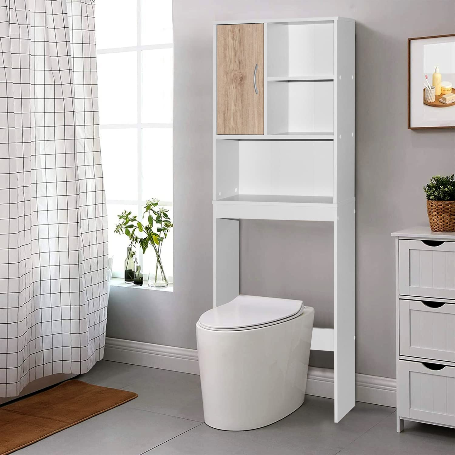 Better Home Products Ace Over-The-Toilet Storage Organizer - White & Natural Oak Bathroom Shelf for Towels, Toiletries & Decor - Space Saving Solution for Small Bathrooms