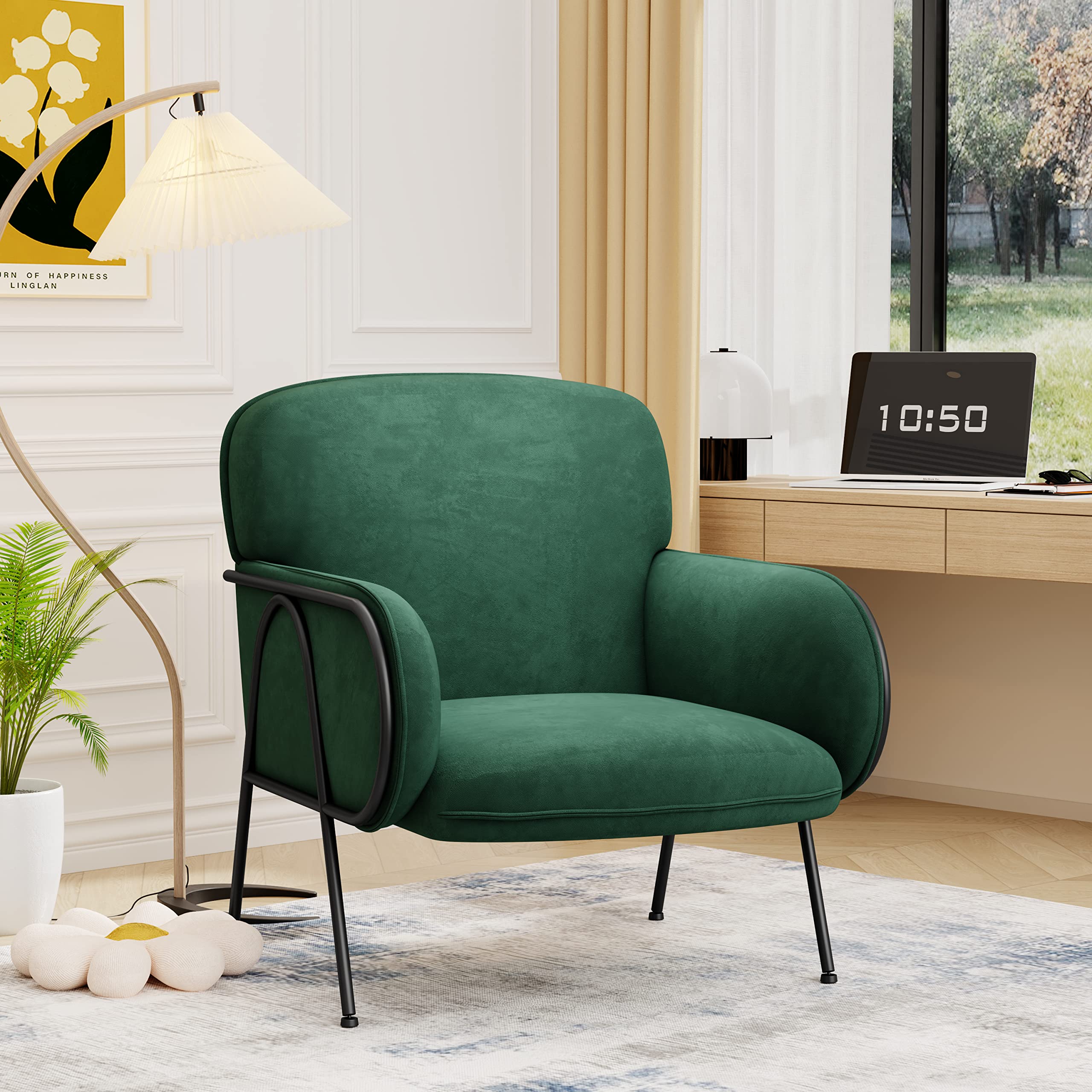 WENTMENT Velvet Accent Chair - Modern Upholstered Armchair with Sturdy Metal Legs, Comfortable Lounge & Reading Chair for Living Room, Bedroom, Hosting Room - Perfect for Relaxation, Reading & Home Decor (Green)