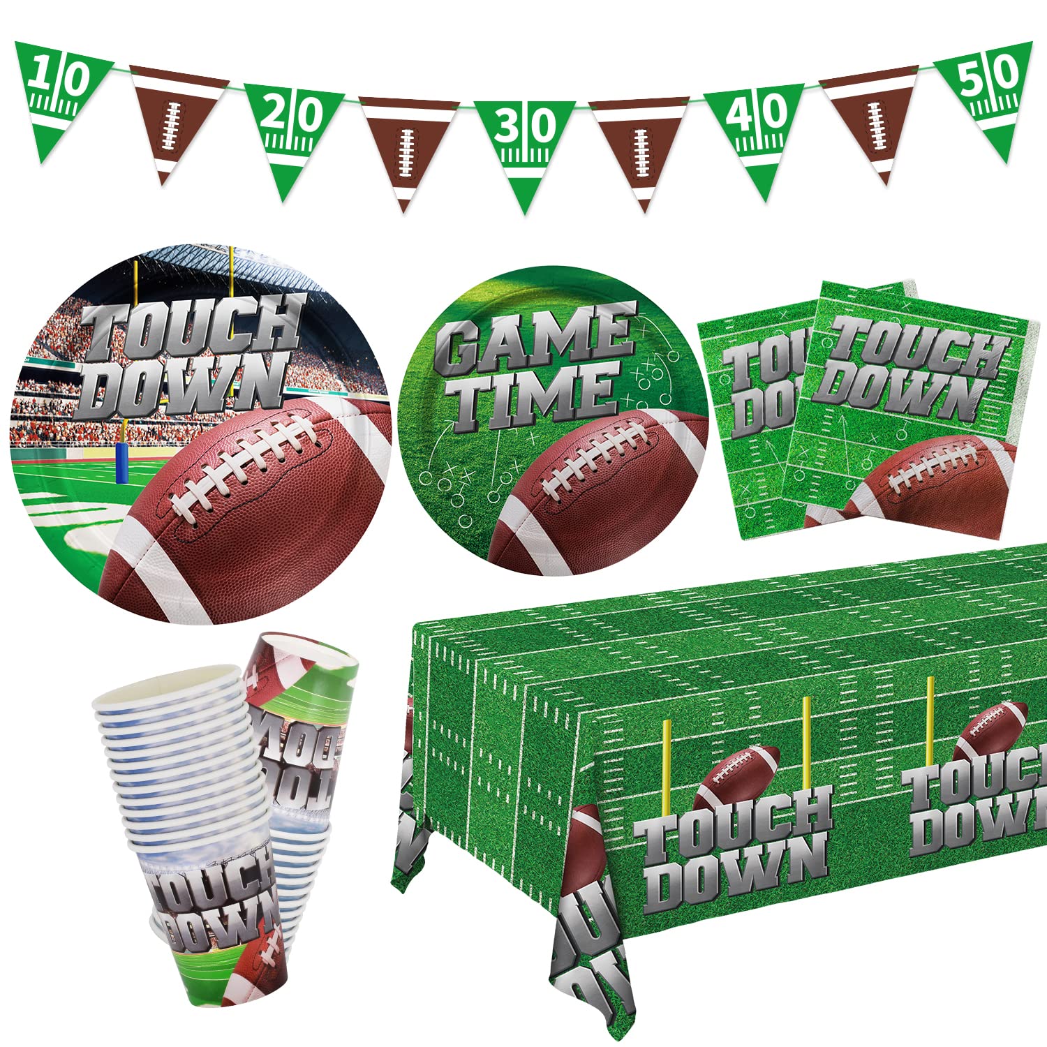 Football Party Supplies Kit for 25 Guests - Disposable Dinner Plates, Dessert Plates, Napkins, Cups & Football Tablecloth - Perfect for Football Birthday Parties & Tailgate Decorations (Ideal for Game Day Celebrations, Sports Themed Events & Fan Gatherings)
