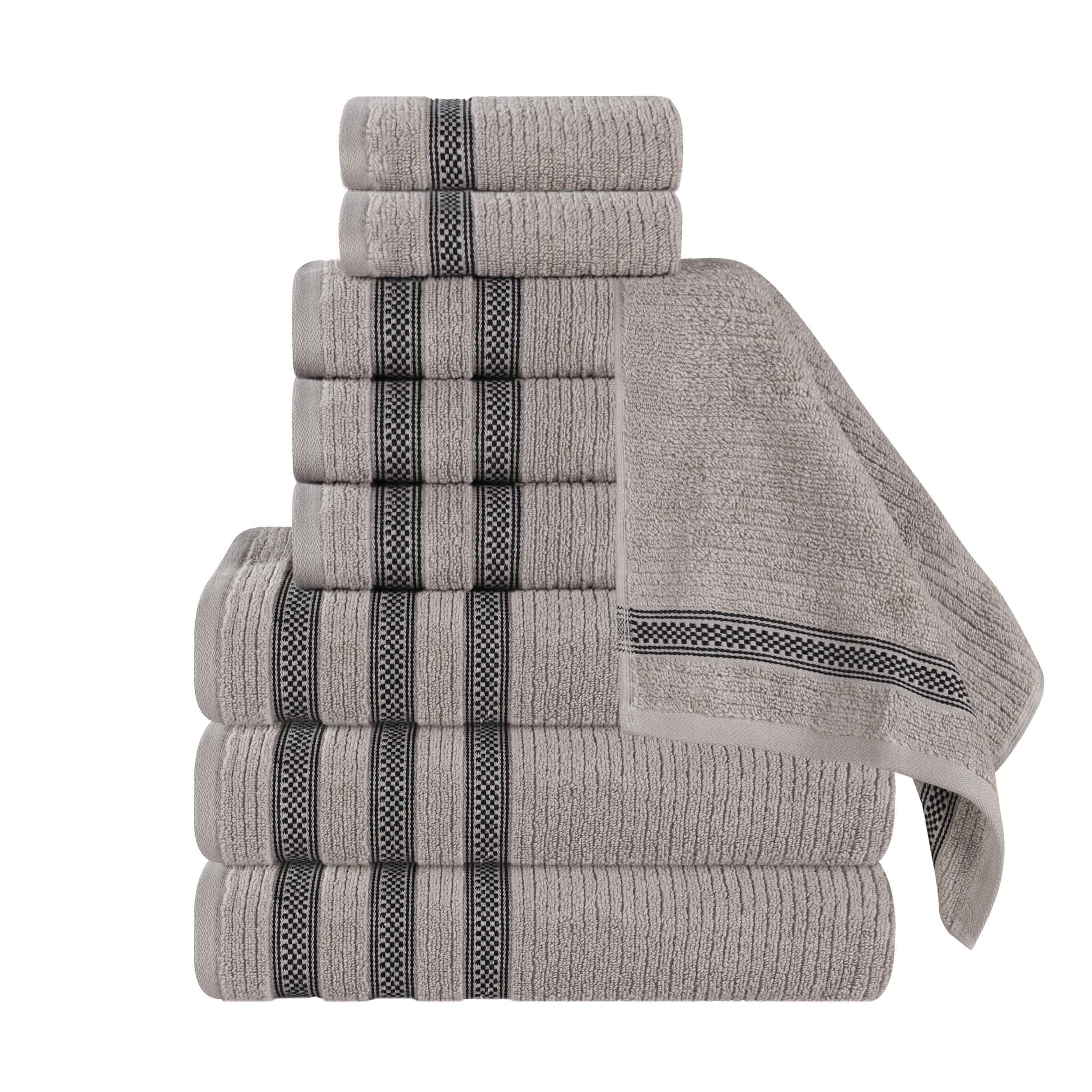 Premium 9-Piece Zero Twist Cotton Ribbed Towel Set with Geometric Border - Ultra Soft & Absorbent Bath, Beach & Spa Towels for Luxury Home & Hotel Use