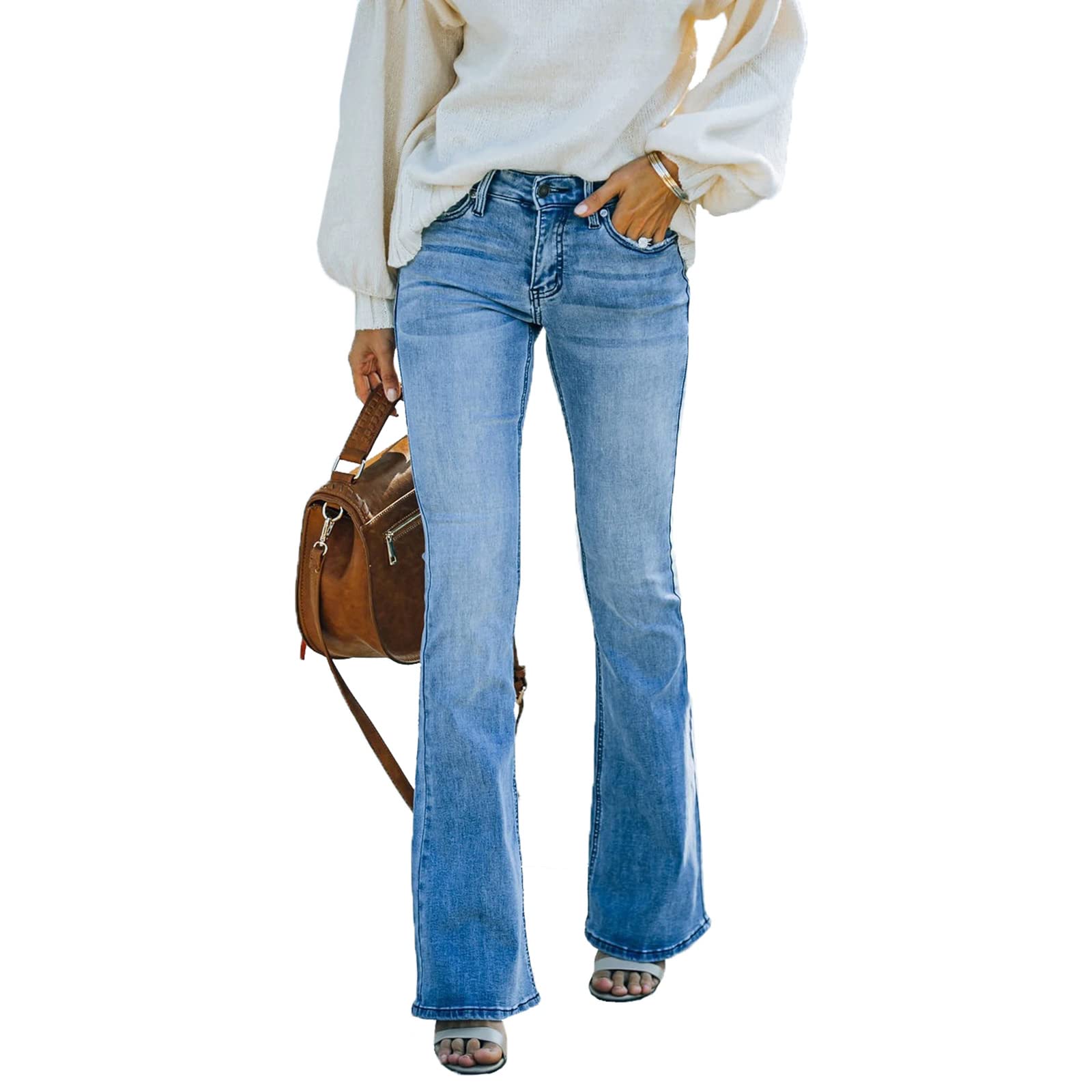 Women's Bootcut Jeans - Mid Rise Stretch Slim Fit Distressed Bell Bottom Denim Pants for Casual Wear & Night Out