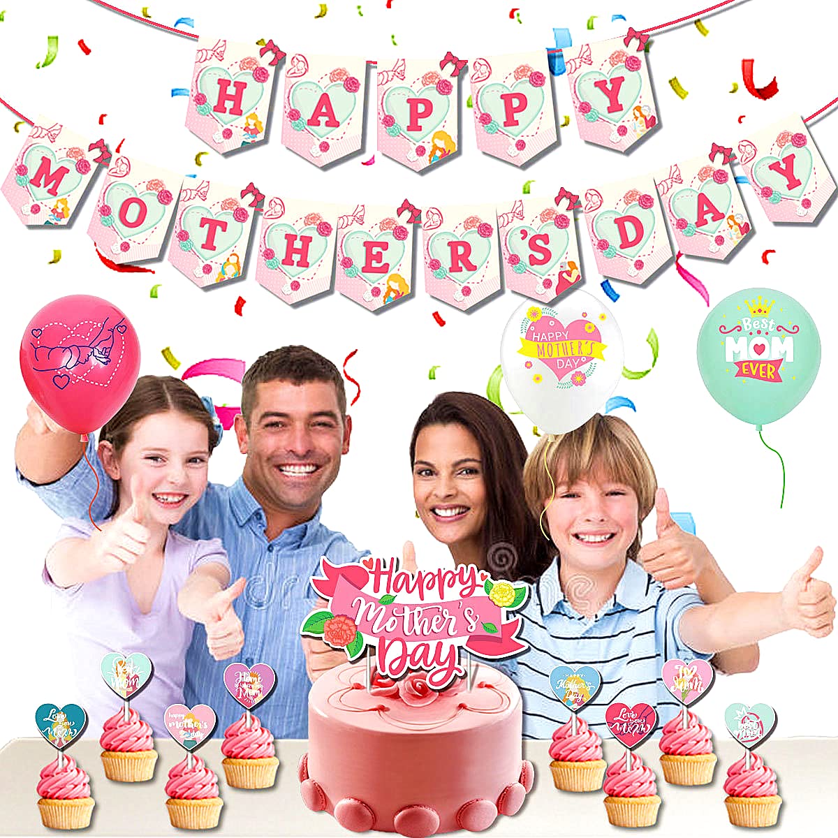 Happy Mother's Day Cake Topper & Floral Balloons Set - 43pcs Pink Party Decorations with Banner, Backdrop & Sign for Mom's Birthday Celebration | Perfect for Home, Office & Mother's Day Party Decor