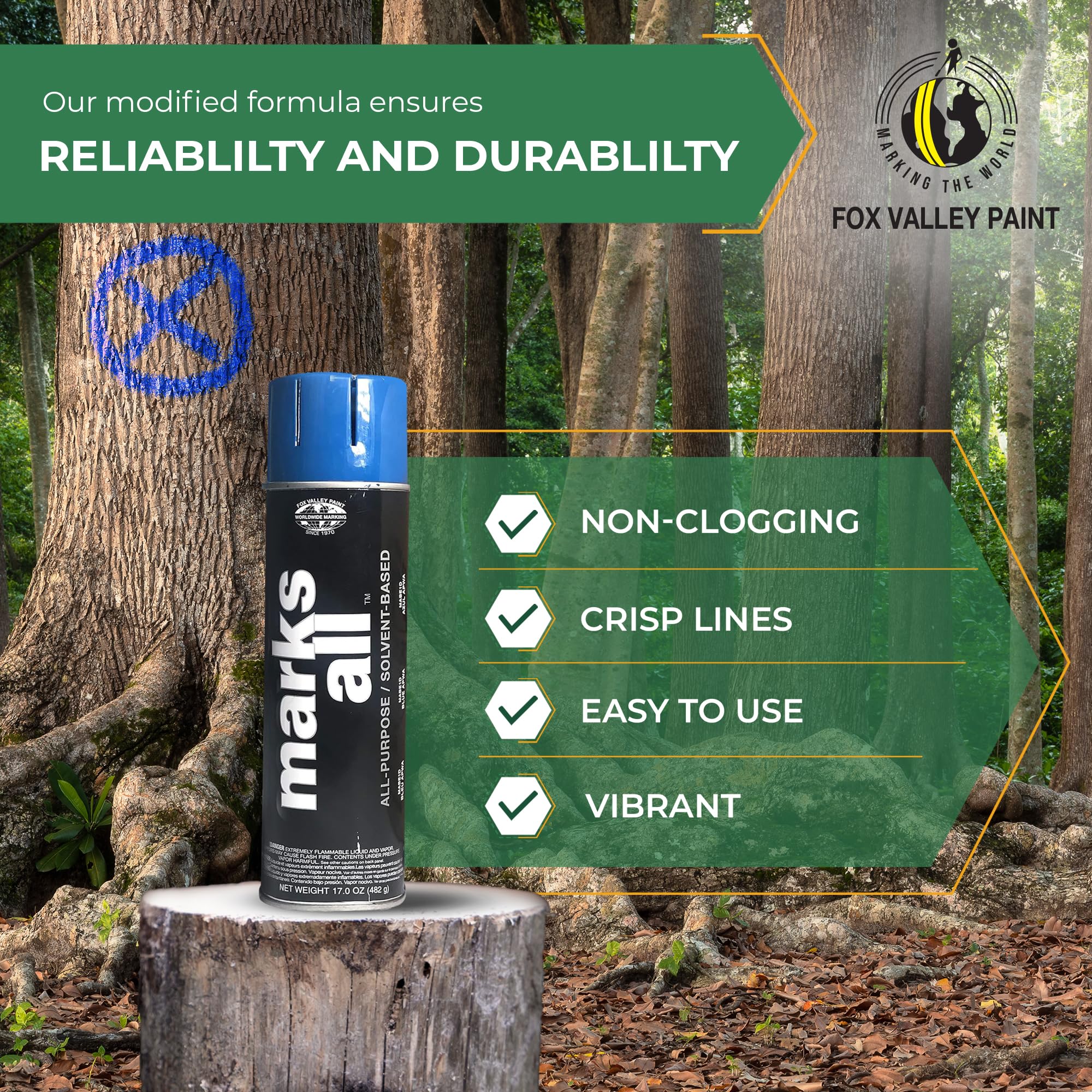 Fox Valley Marks All Utility Marking Spray Paint - 18 oz (Pack of 12) Blue APWA - Durable Lawn, Tree, Driveway & Parking Lot Marking Paint for Construction, Landscaping & Property Maintenance