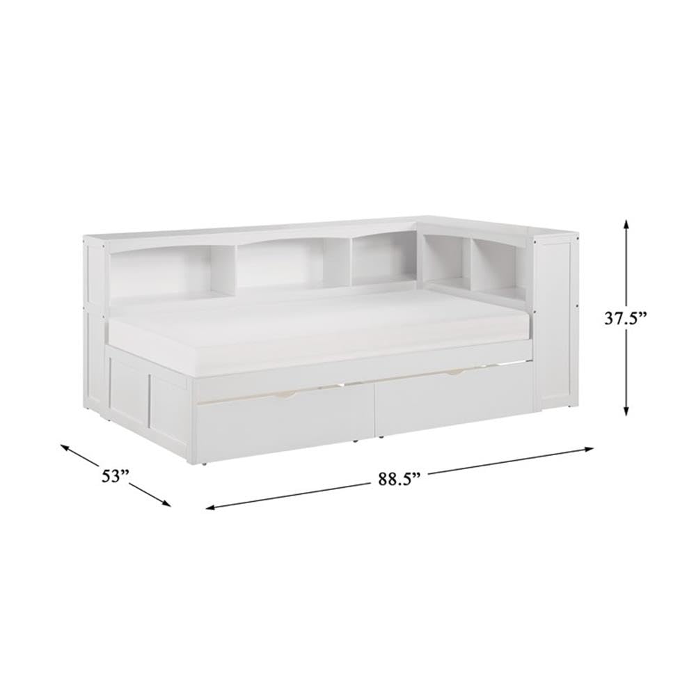 Pemberly Row Transitional 5-Shelf Wood Twin Bookcase Corner Bed in White - Perfect for Kids Bedroom, Nursery or Small Space Storage Solution