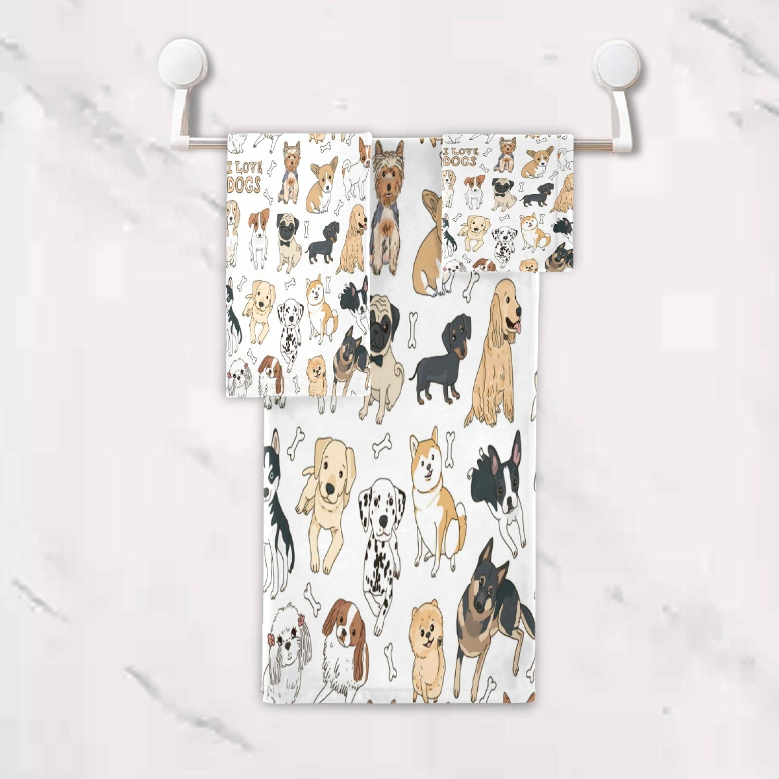 Blueangle 3-Piece Dog Pattern Bath Towel Set - Super Soft, Absorbent & Fade Resistant Cotton Towels for Bath, Hand & Face - Perfect for Bathrooms, Beach Trips & Pet Lovers