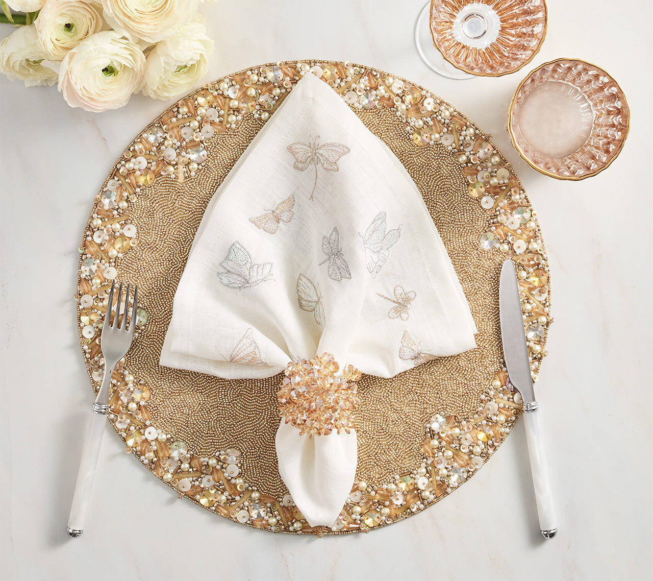 Monarch Garden Napkin Set of 4 - Elegant White & Iridescent Dinner Napkins for Fine Dining, Wedding Decor, and Upscale Events