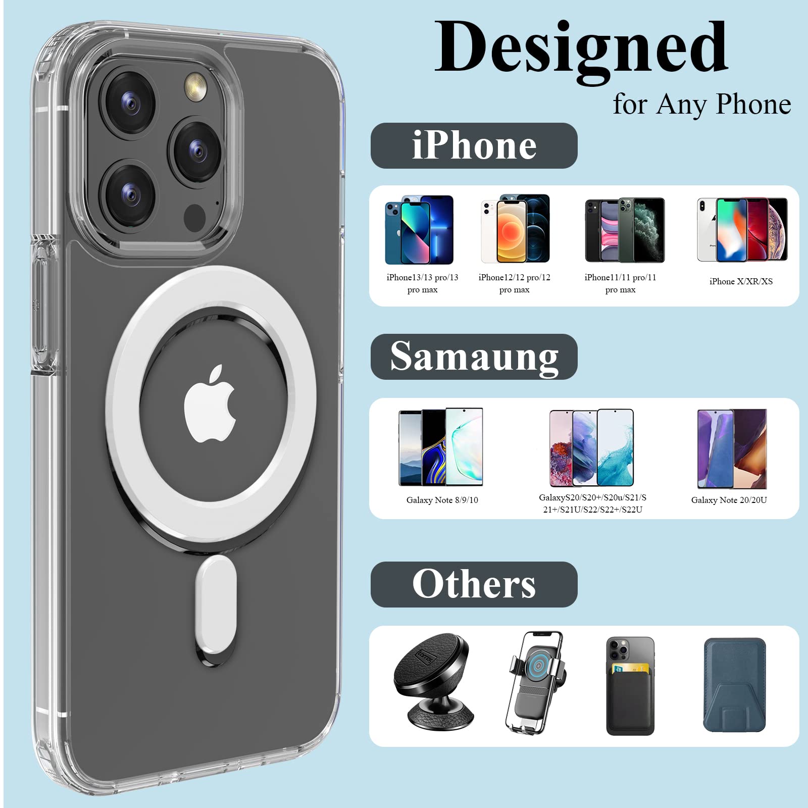 2 Pack Universal MagSafe Ring - Magnetic Sticker Adapter Compatible with iPhone 16/15/14/13/12 Pro Max/Mini & Galaxy S25/S24 - Black & White - Perfect for Wireless Charging & Magsafe Accessories (Home, Office, Car Use)