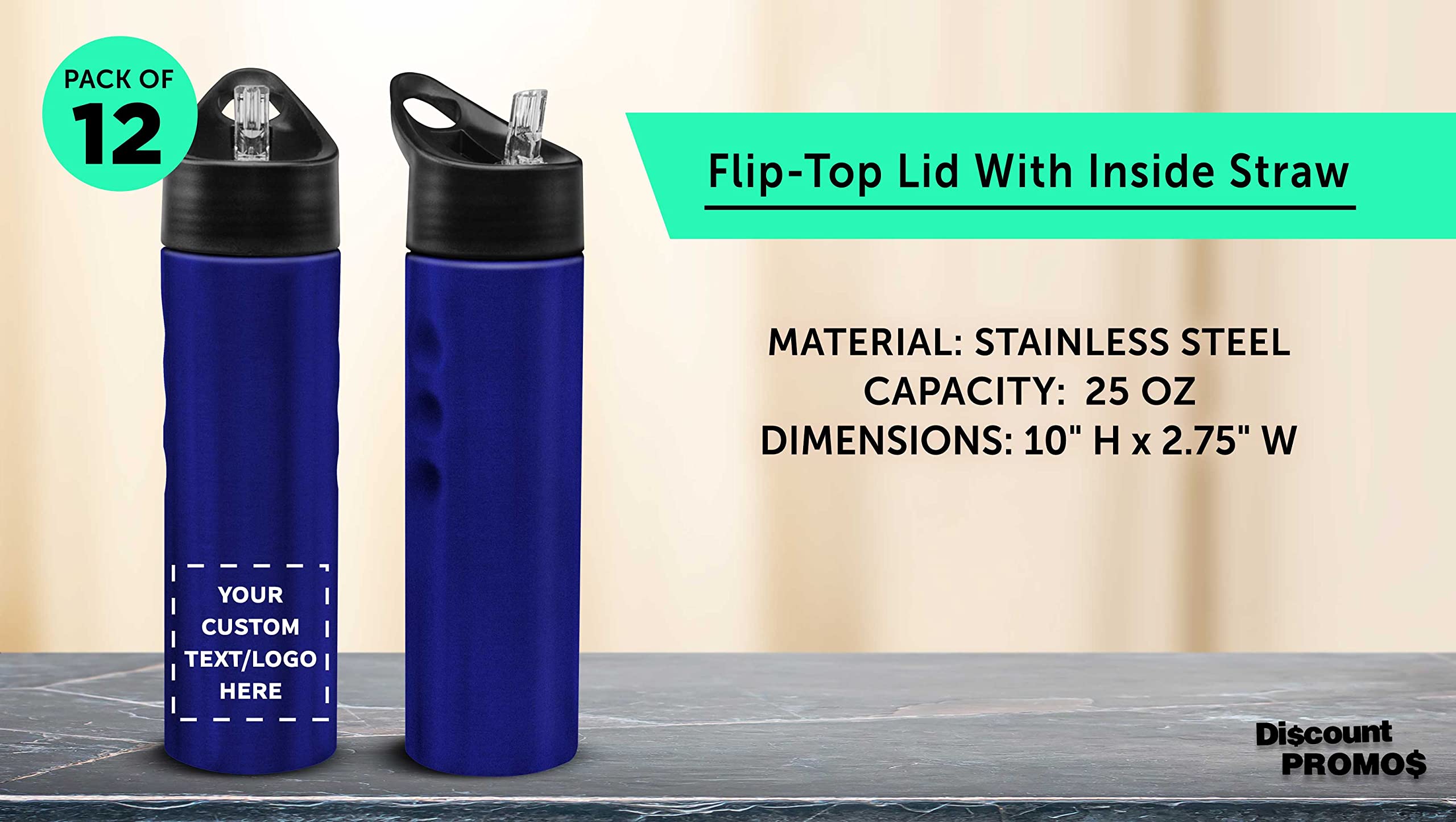 Custom Slim Stainless Steel Water Bottles 25oz (12 Pack) - Personalized Text & Logo - Reusable Gym & Sports Bottles - Bulk Pack - Blue - Perfect for Workouts, Hiking, Office & Outdoor Activities