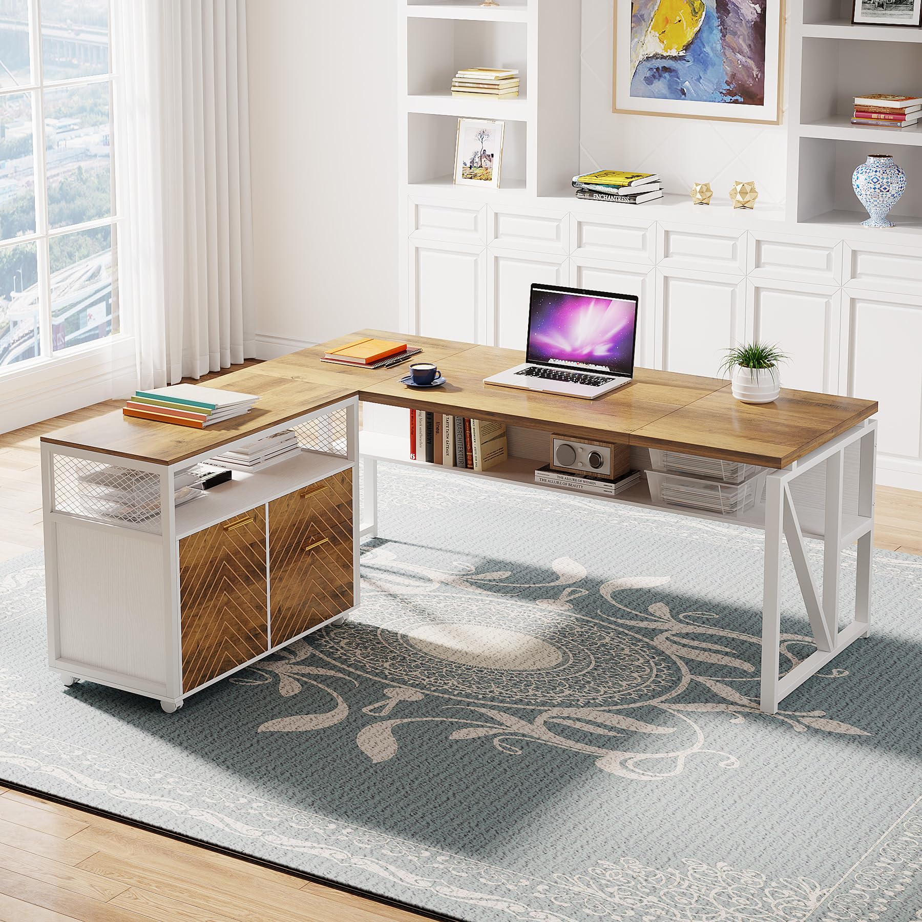 Tribesigns Modern Lateral File Cabinet with 2 Drawers & Door - Letter Size Home Office Storage with Rolling Casters & Printer Stand - Perfect for Organizing Documents, Supplies & Office Equipment