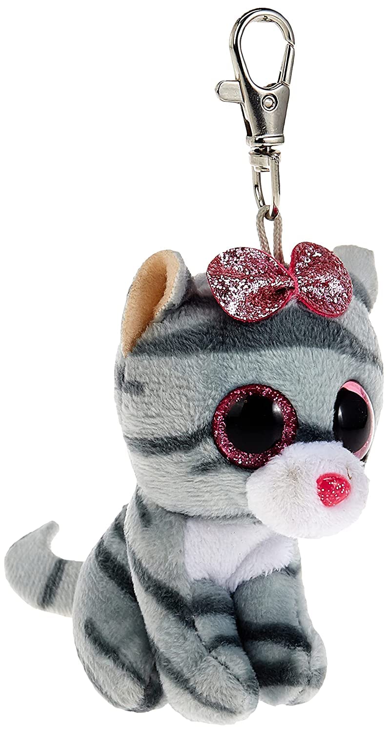 TY Beanie Boos Clip Chat Kiki Plush Keychain - 7cm Gray Stuffed Animal for Backpacks, Bags & Gifts (Style 35243) - Perfect for Kids Collectibles, Party Favors & Travel Accessories