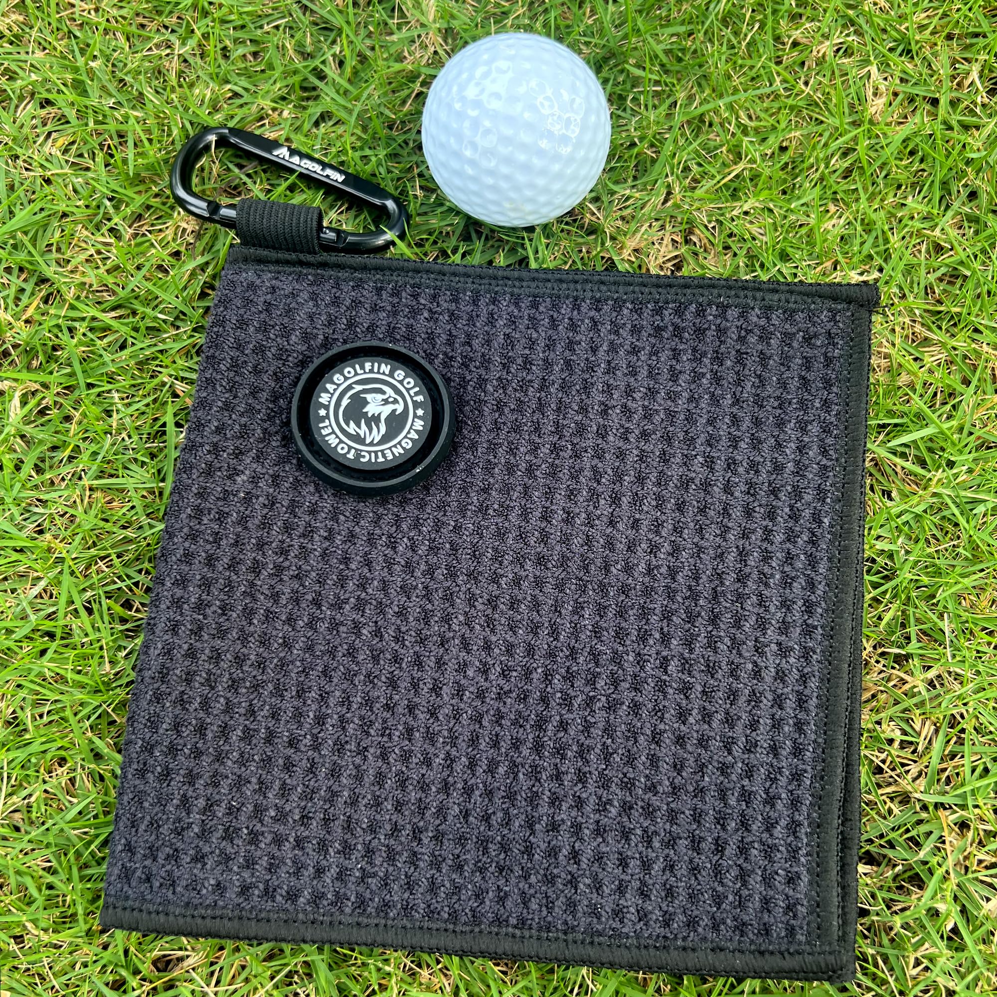 Premium Magnetic Golf Towel with Clip - Super Absorbent Microfiber Waffle Design - Strong Industrial Magnet for Golf Balls, Bags & Carts - Black - Perfect for Golf Course, Driving Range & Club Cleaning