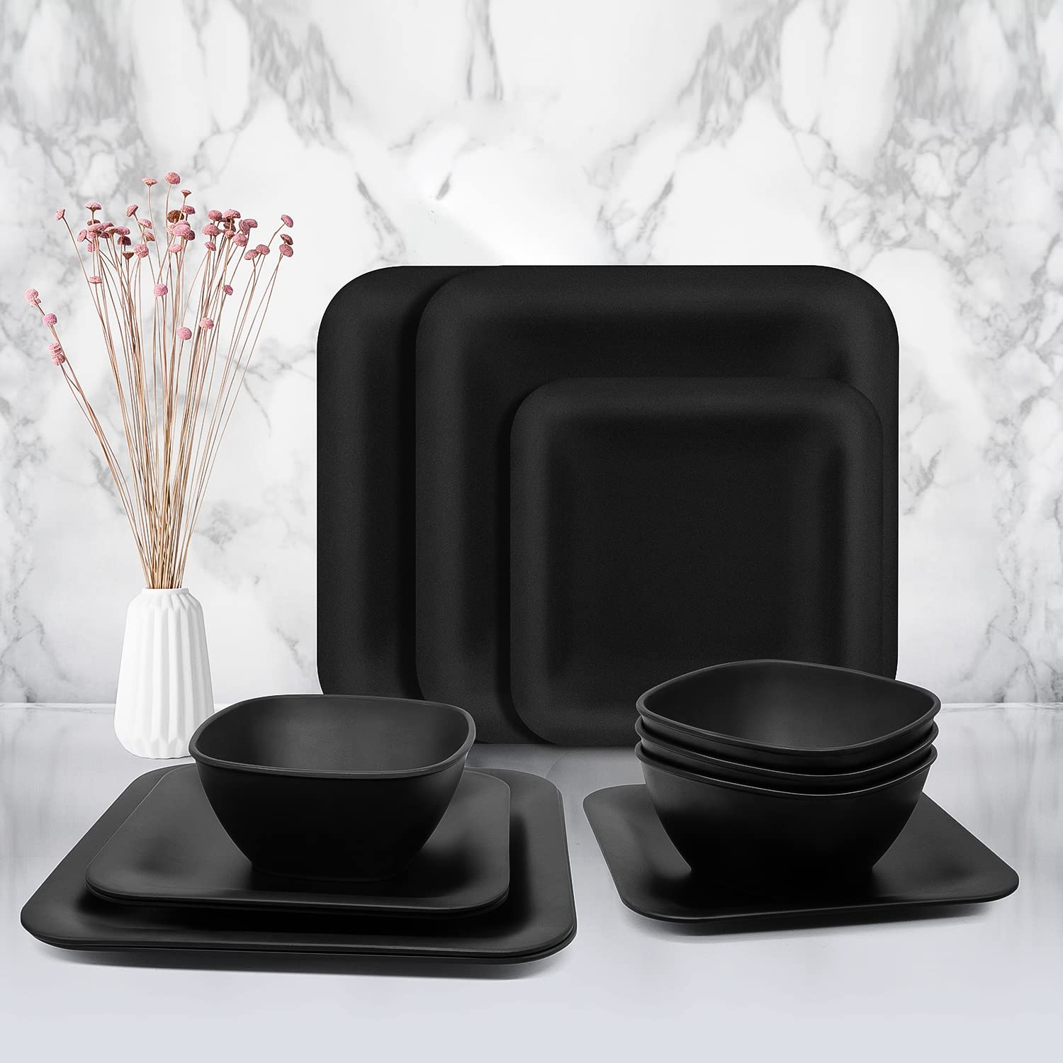 Premium 12-Piece Melamine Dinnerware Set - Matte Black Square Plates & Bowls for Indoor/Outdoor Use | Dishwasher Safe, Durable & Lightweight | Perfect for Camping, Picnics, BBQs & Everyday Dining