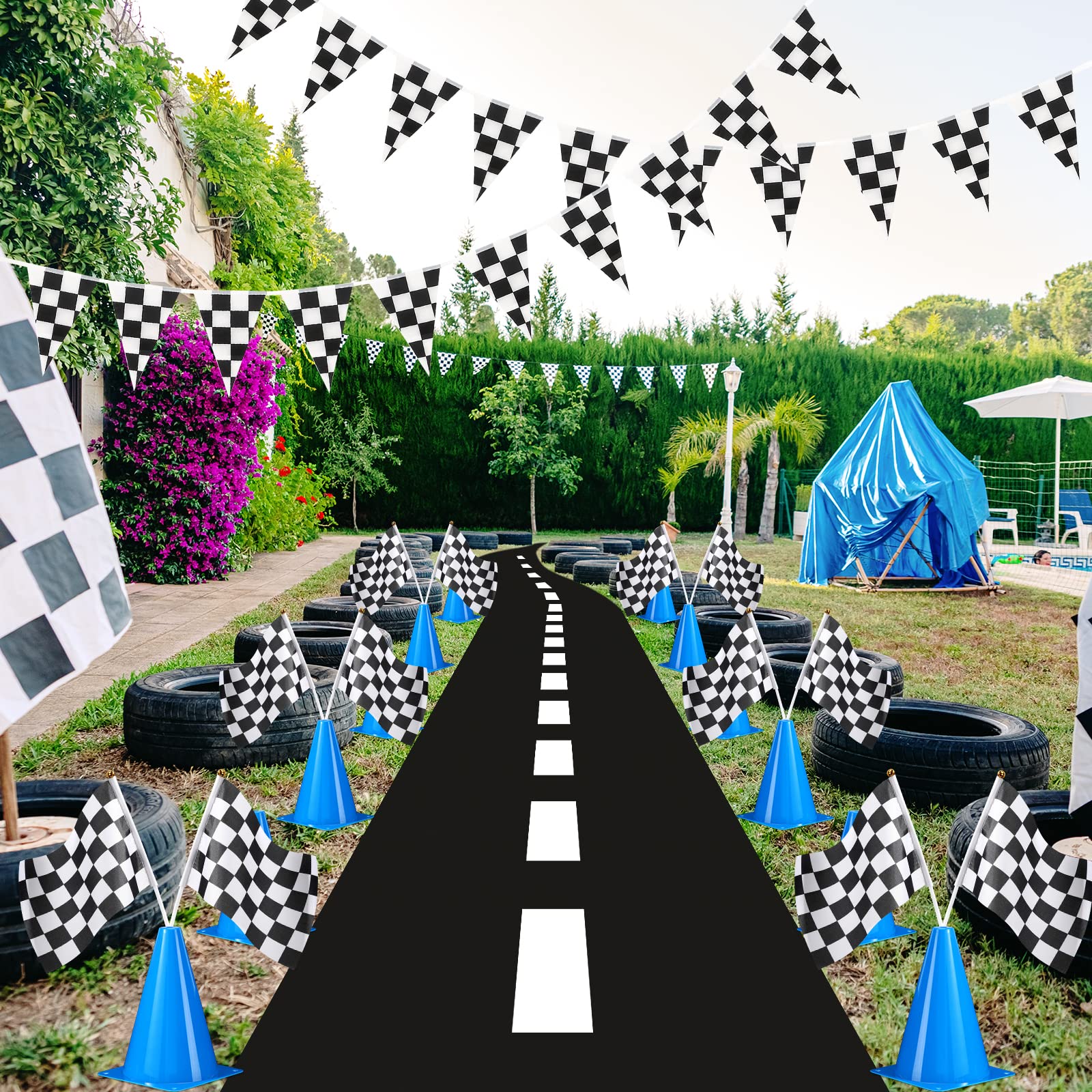 12 Pack Traffic Cones & Racing Flags Set - 12 Plastic Safety Cones, 12 Checkered Racing Flags with Poles, 31ft Checkered Pennant Banner & 9.8x2ft Race Track Mat for Kids Outdoor Games, Birthday Parties, School Events & Sports Activities