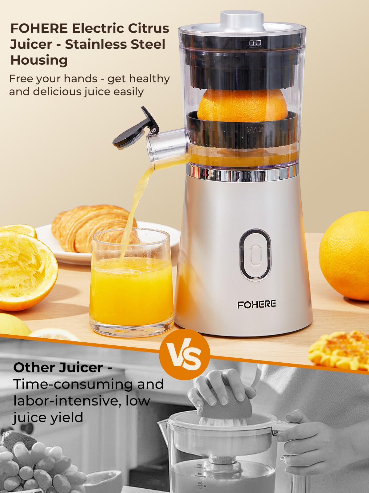 FOHERE Electric Citrus Juicer - Automatic Orange/Lemon Squeezer with Power Cord, One-Touch Operation, Easy to Clean, Portable Fruit Juicer for Home & Kitchen (Silver) - Perfect for Fresh Juice, Cocktails, and Healthy Breakfasts
