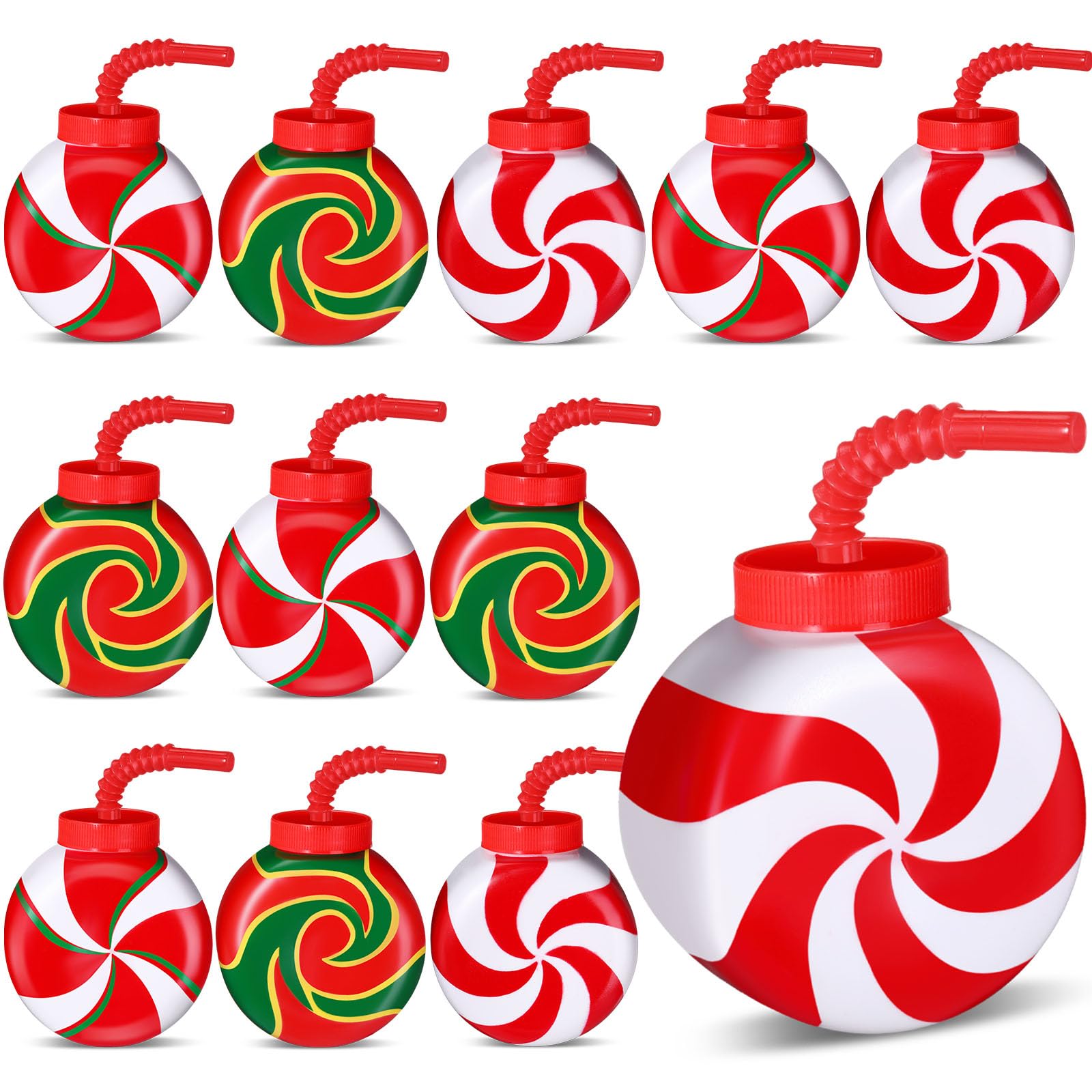 12-Piece Christmas Party Plastic Cups Set - 10 oz Xmas Tree, Gingerbread, Peppermint & Snowflake Design with Lids & Straws - Holiday Party Supplies for Christmas, Birthday Celebrations & Gift Giving (Lollipop Pattern)
