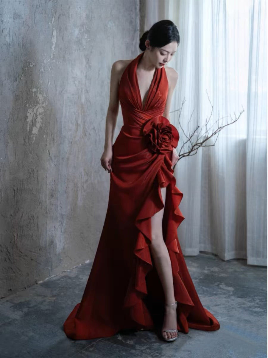 Elegant Burgundy Halter Mermaid Prom Dress with High Slit - J3218 | Perfect for Homecoming, Formal Dances & Special Occasions