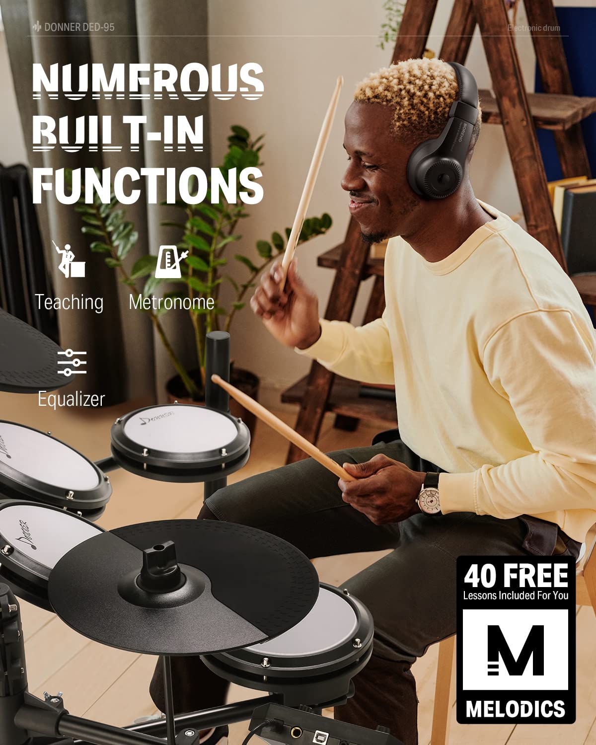 Donner DED-95 Electronic Drum Set for Beginners - 180 Sounds, Quiet Mesh Pads, Kick Drum, Drum Throne, Sticks & Headphones Included - Perfect for Home Practice, Studio Recording & Music Learning with 40 Free Melodics Lessons (Black)