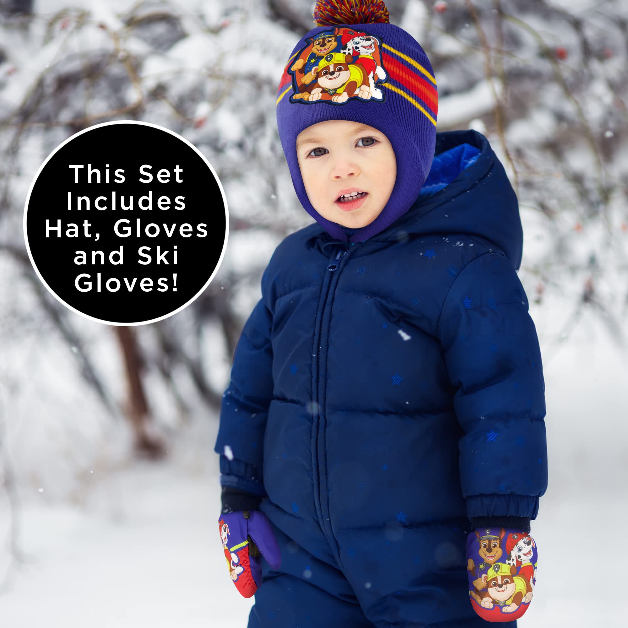 Paw Patrol Winter Hat & Mittens Set for Toddlers Age 2-4, Insulated Ski Mittens, Knit Beanie, Perfect for Snow Play, Outdoor Adventures, and Cold Weather Activities