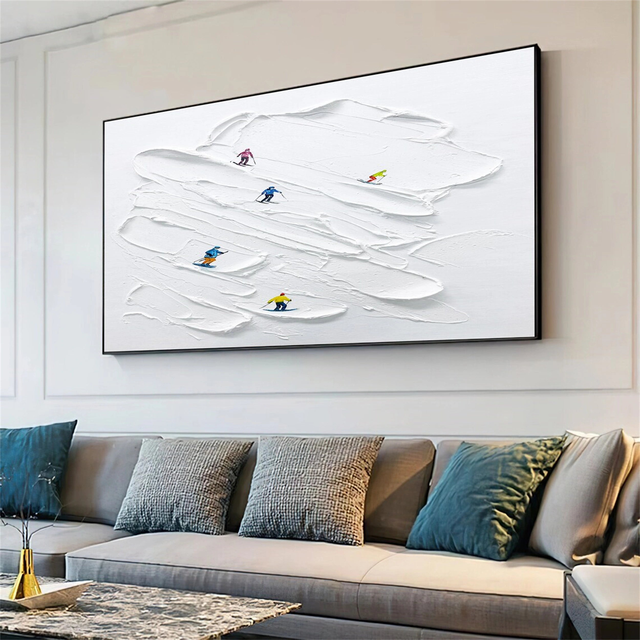 Premium Skiing Sport Art Textured Canvas Painting - Winter Sports Wall Decor for Home & Office (Style #MM126) - Perfect for Ski Lodge, Mountain Cabin & Sports Enthusiast Gifts
