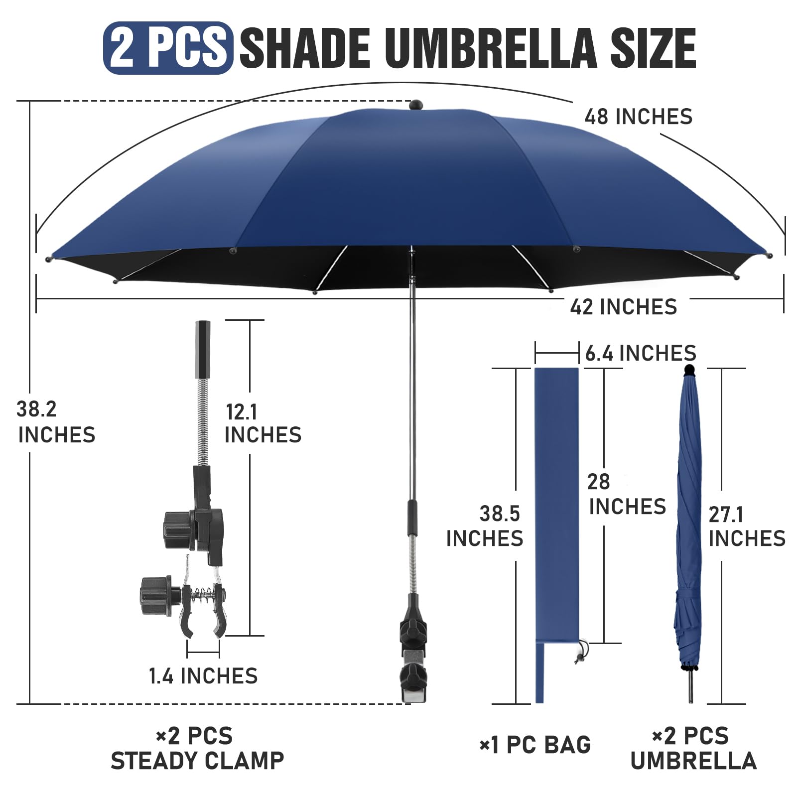 2 Pack Adjustable Chair Umbrella with Clamp - 360° Rotation UPF50+ Sun Shade for Beach, Patio, Wheelchair, Camping & Golf Carts (Perfect for Outdoor Relaxation, Picnics & Travel) - Chair Not Included