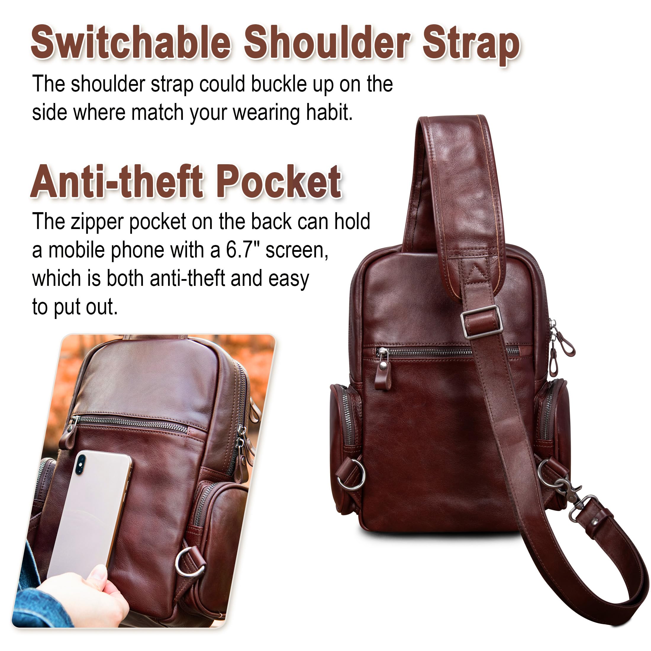 Genuine Leather Sling Bag for Men - Large Anti-Theft Crossbody Shoulder Bag, Casual Sling Backpack for Travel, Work & Everyday Use | Durable Chest Purse for Commuting, Hiking & Outdoor Activities