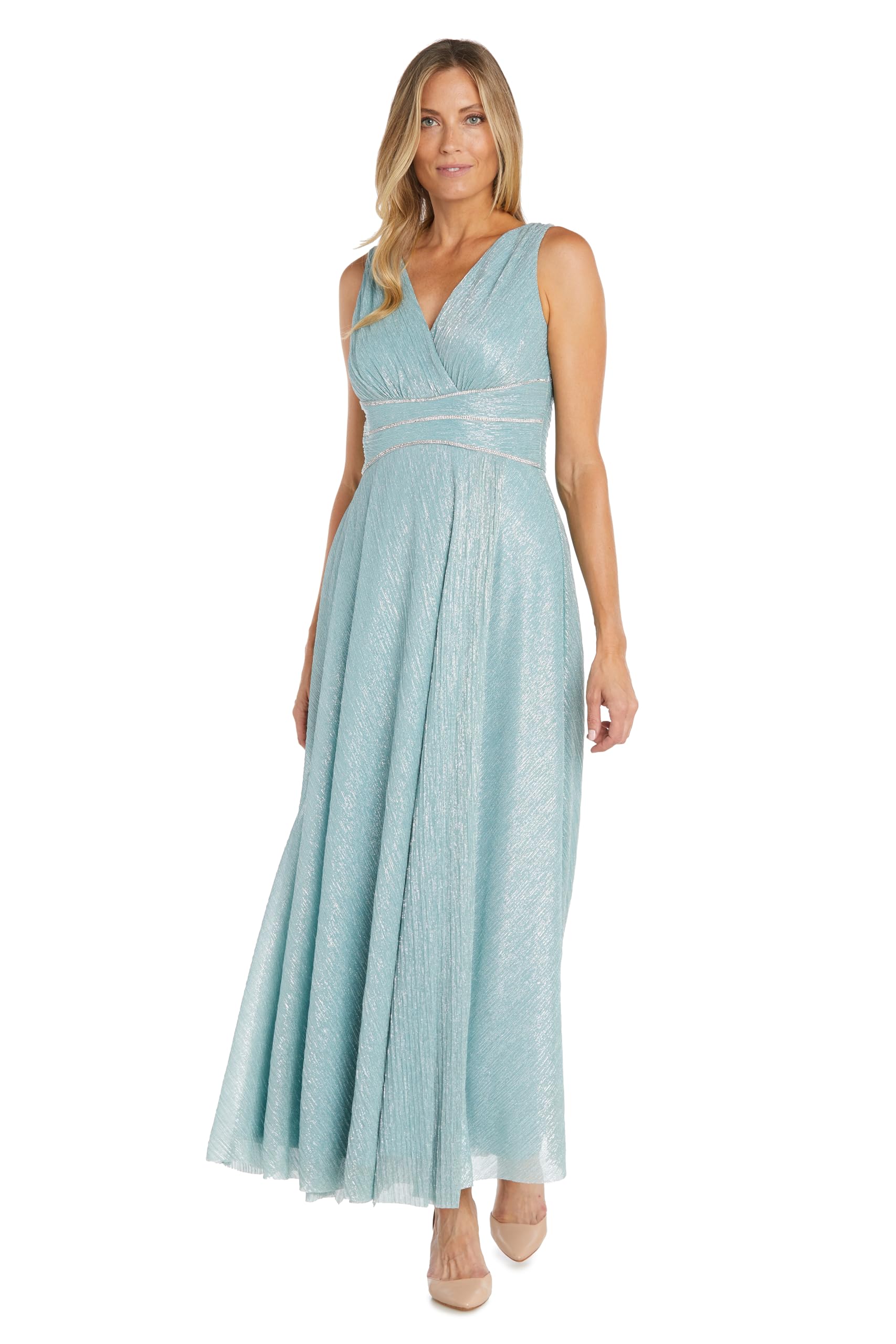 R&M Richards Elegant Long Metallic Pleated Dress with Rhinestone Trim Waistband - Perfect for Evening Parties, Prom & Formal Events
