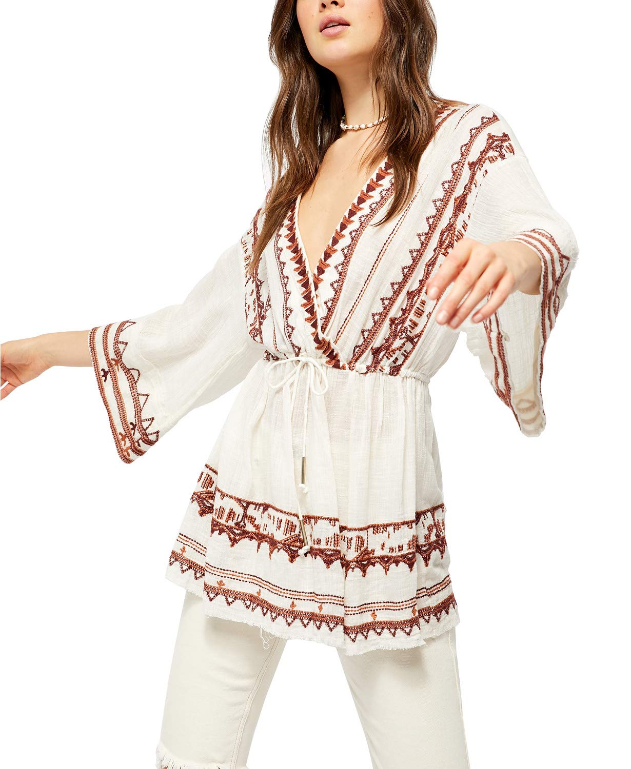 Free People Saffron Embroidered Bohemian Tunic Top - Medium (M) | Flowy Women's Blouse for Casual Wear, Beach Cover-Up & Festival Outfits