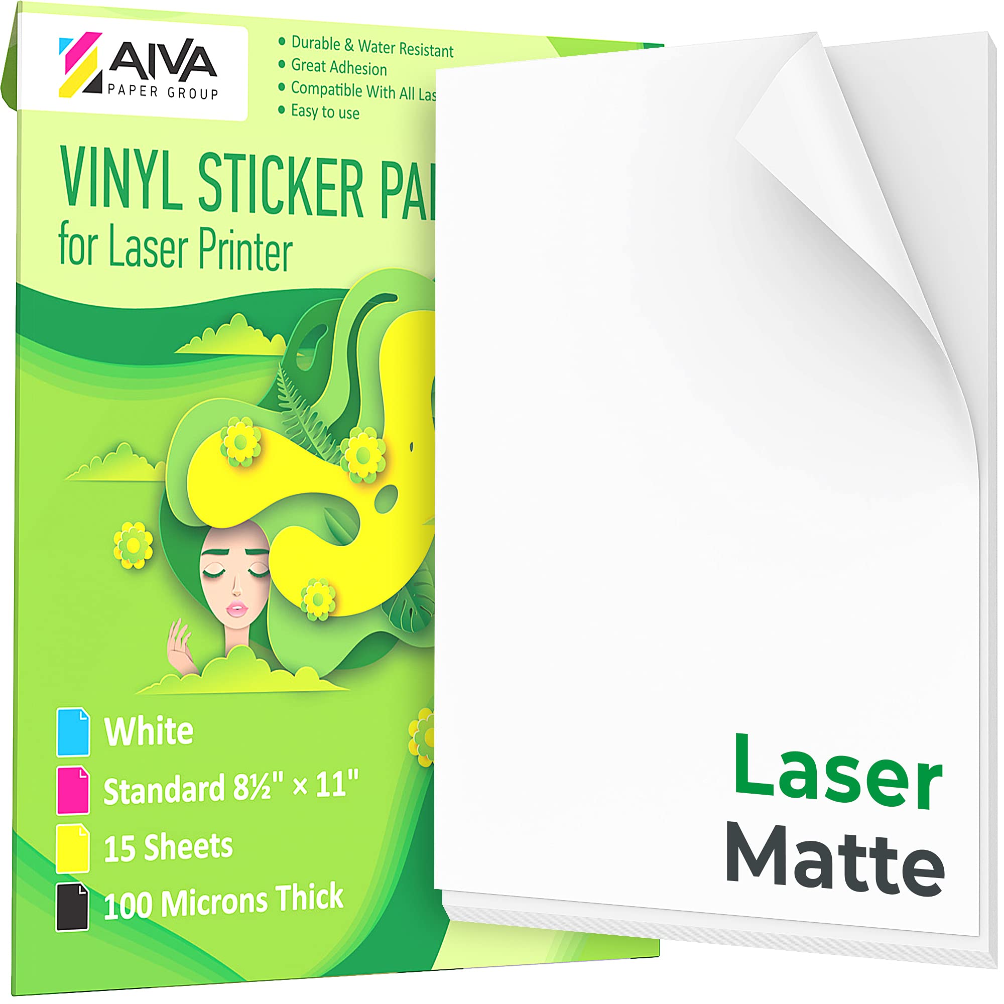 Waterproof Printable Vinyl Sticker Paper for Laser Printer - Matte White Self-Adhesive Decal Sheets (15 Pack, 8.5