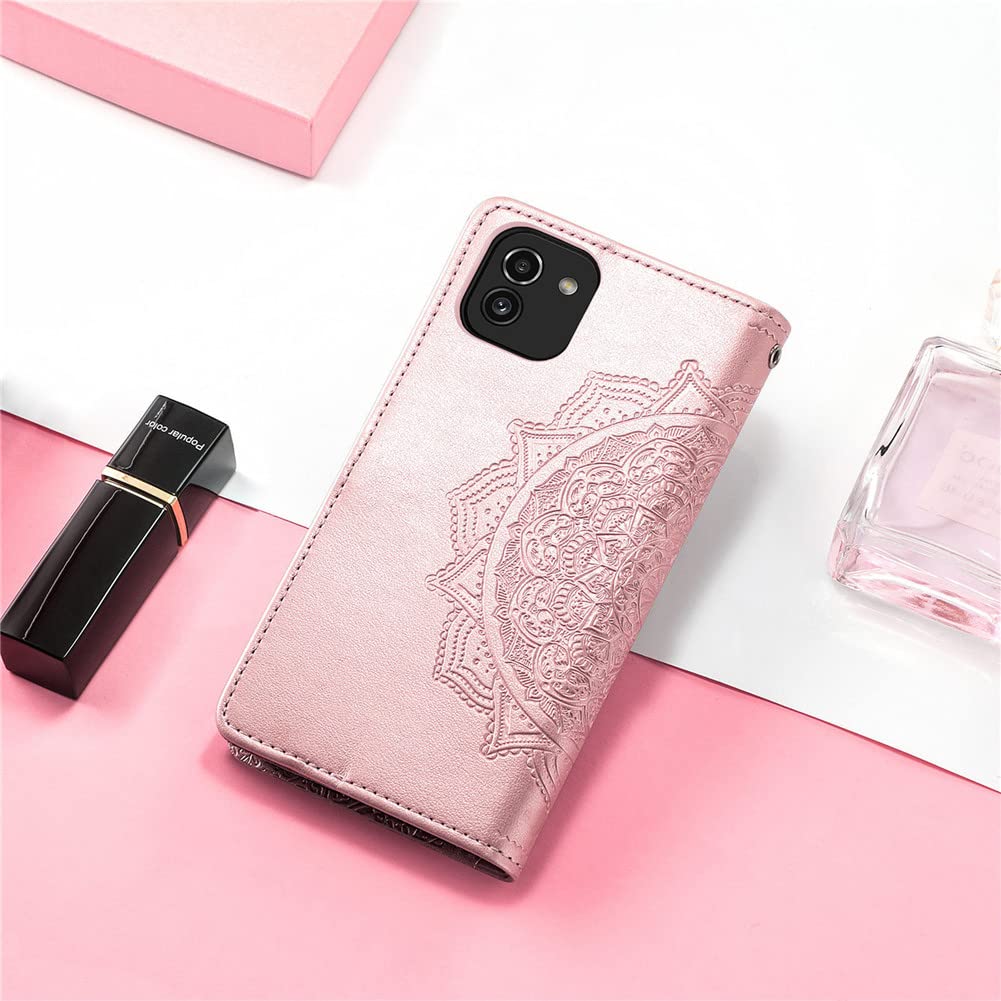 Samsung Galaxy A03 Case 5G - Leather Wallet Flip Cover with Magnetic Closure, Shockproof Protection, Card Slots & Stand Feature | Perfect for Daily Use, Travel & Business (SD Mandala Rose Gold)